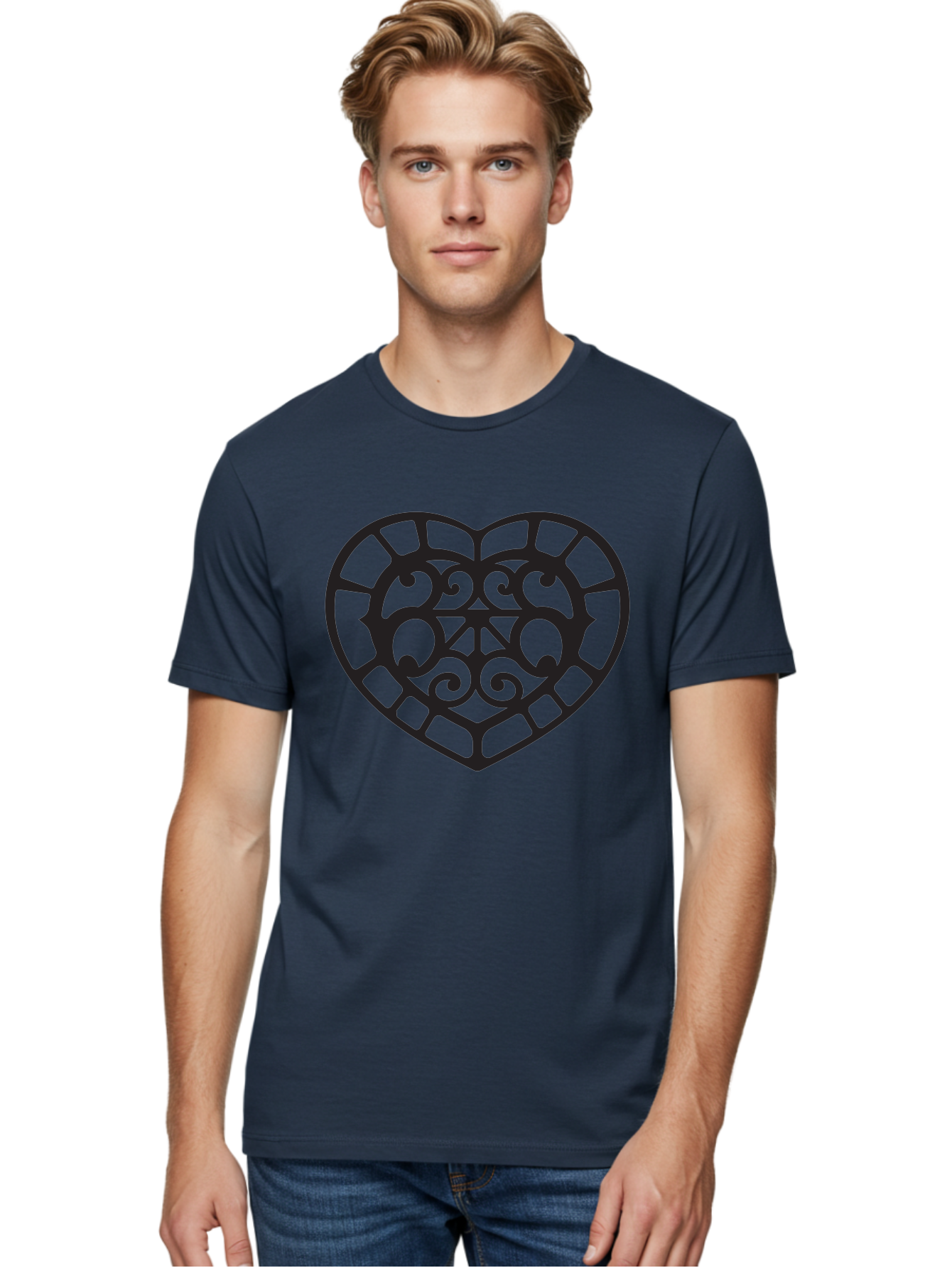 Tricolor-Heart Men'S Graphic Tee, 100% Cotton, Comfortable Casual Summer Wear, Machine Washable, Stained Glass Heart, Decorative Heart, Intricate Design, Swirling Patterns, Heart Shape, Love Symbol, Ornate Details, Glass Art, Heart Icon Aab301