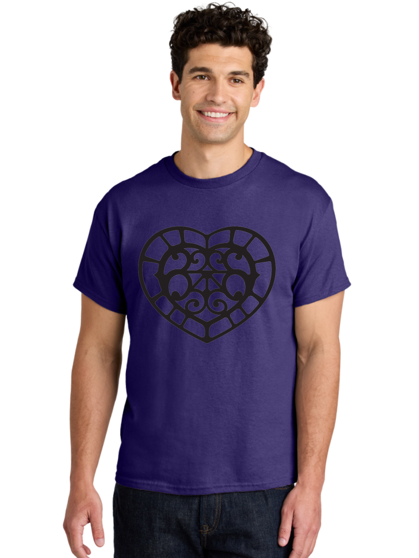 Tricolor-Heart Men'S Graphic Tee, 100% Cotton, Comfortable Casual Summer Wear, Machine Washable, Stained Glass Heart, Decorative Heart, Intricate Design, Swirling Patterns, Heart Shape, Love Symbol, Ornate Details, Glass Art, Heart Icon Aab301