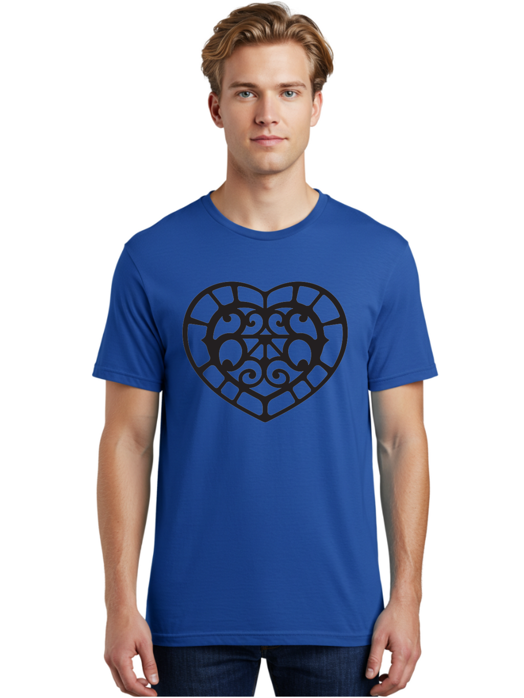 Tricolor-Heart Men'S Graphic Tee, 100% Cotton, Comfortable Casual Summer Wear, Machine Washable, Stained Glass Heart, Decorative Heart, Intricate Design, Swirling Patterns, Heart Shape, Love Symbol, Ornate Details, Glass Art, Heart Icon Aab301
