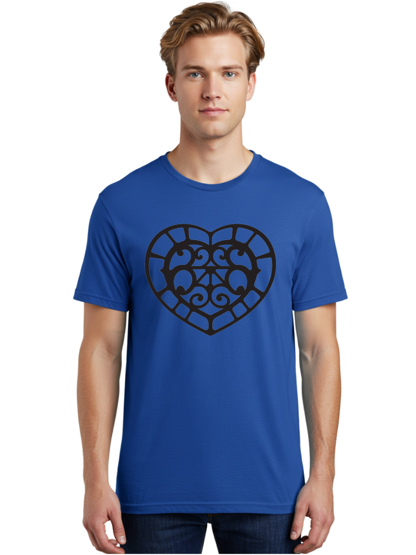 Tricolor-Heart Men'S Graphic Tee, 100% Cotton, Comfortable Casual Summer Wear, Machine Washable, Stained Glass Heart, Decorative Heart, Intricate Design, Swirling Patterns, Heart Shape, Love Symbol, Ornate Details, Glass Art, Heart Icon Aab301
