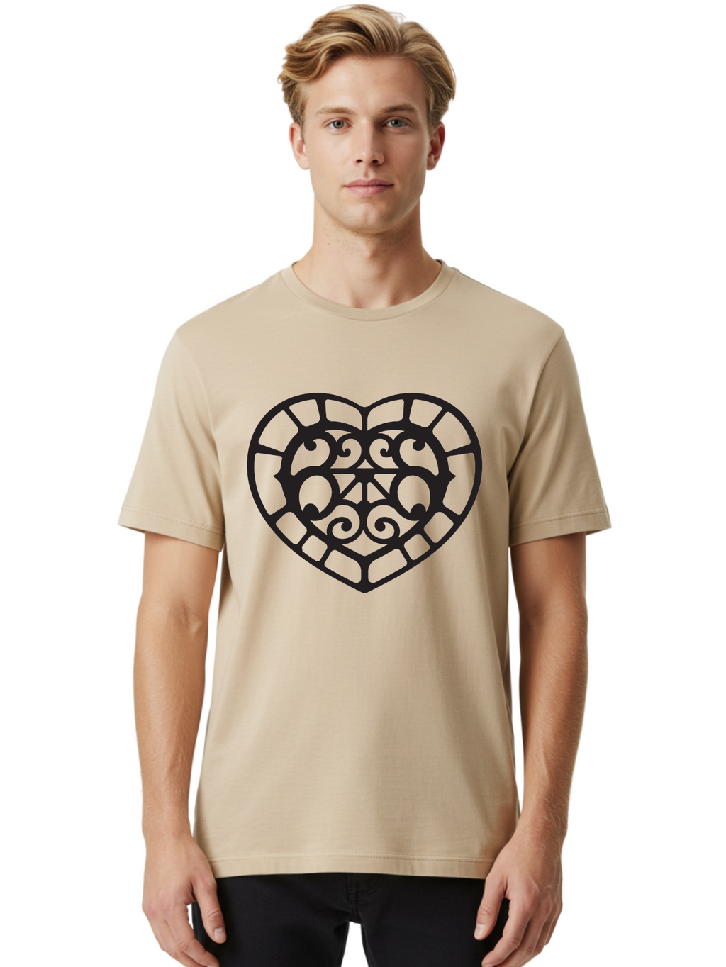 Tricolor-Heart Men'S Graphic Tee, 100% Cotton, Comfortable Casual Summer Wear, Machine Washable, Stained Glass Heart, Decorative Heart, Intricate Design, Swirling Patterns, Heart Shape, Love Symbol, Ornate Details, Glass Art, Heart Icon Aab301