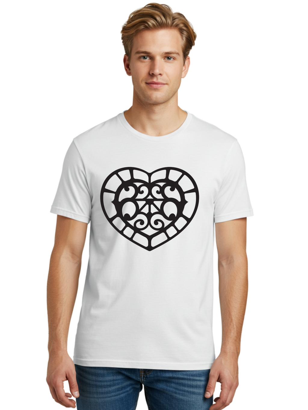 Tricolor-Heart Men'S Graphic Tee, 100% Cotton, Comfortable Casual Summer Wear, Machine Washable, Stained Glass Heart, Decorative Heart, Intricate Design, Swirling Patterns, Heart Shape, Love Symbol, Ornate Details, Glass Art, Heart Icon Aab301