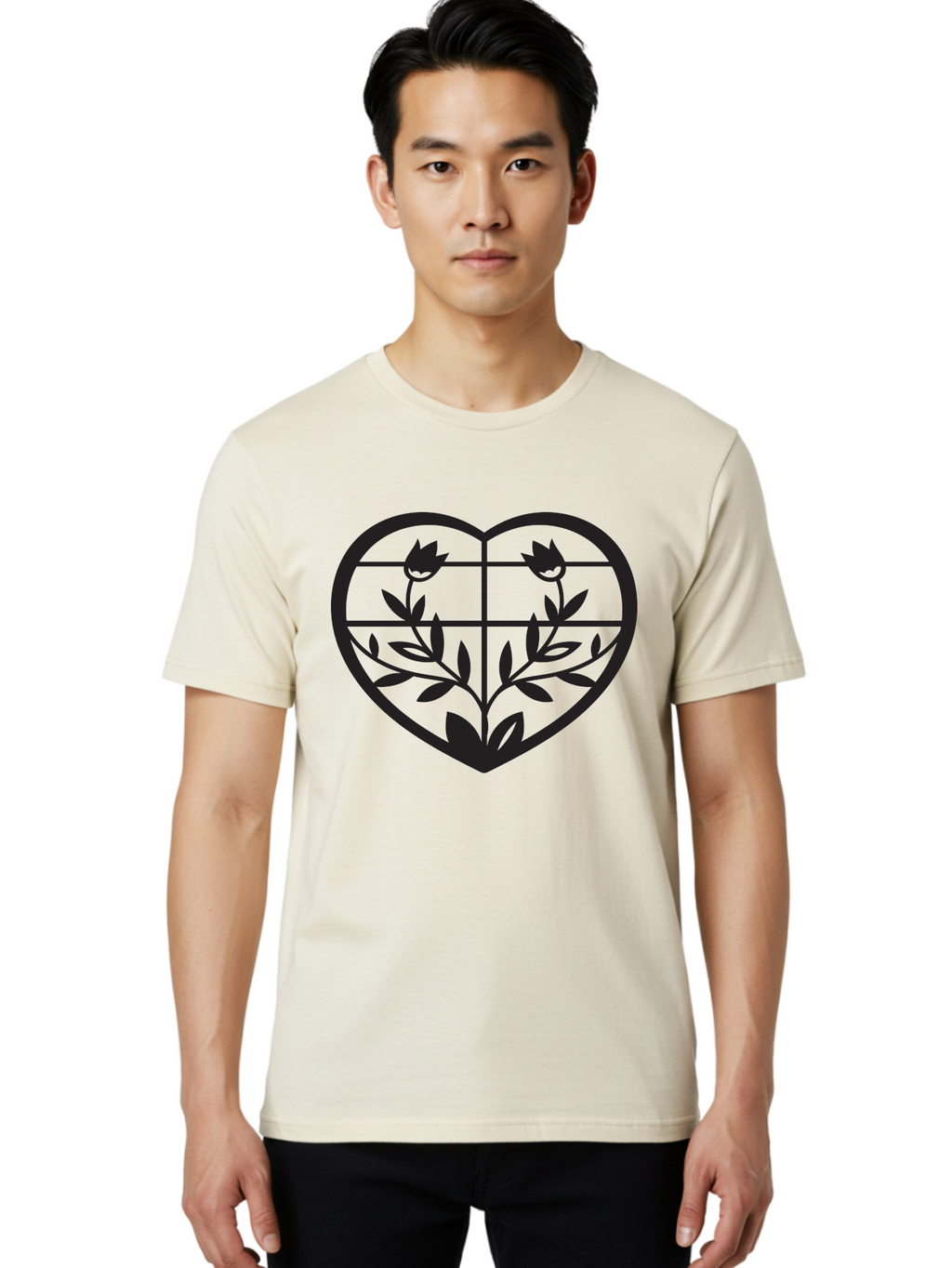 Tulips-Heart Men'S Graphic Tee, 100% Cotton, Comfortable Casual Summer Wear, Machine Washable, Heart Shape, Tulip Flowers, Leafy Stems, Floral Design, Love Symbol, Minimalist Art, Simple Graphics, Grid Pattern, Black Silhouette Aab302