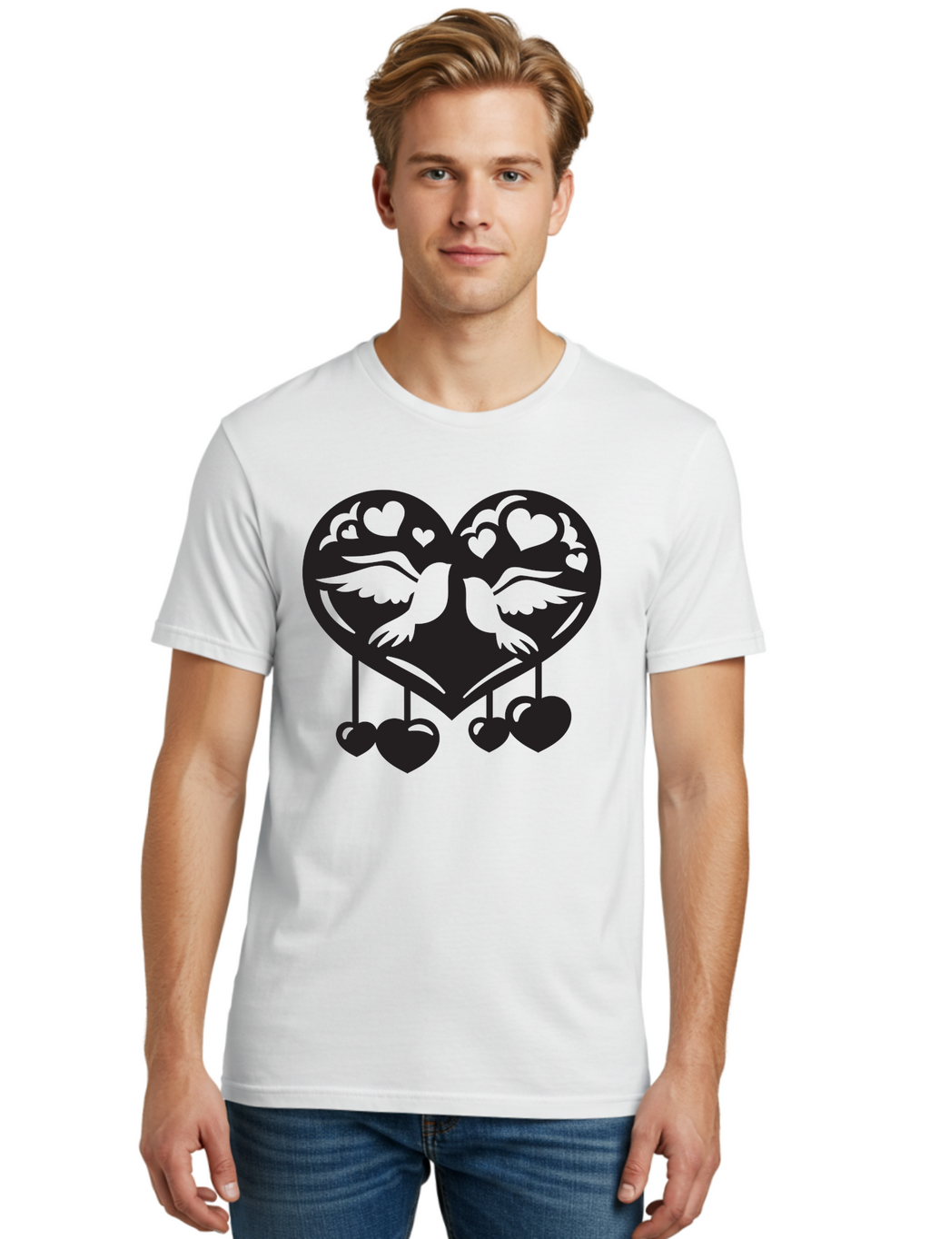 Two-Birds-Heart Men'S Graphic Tee, 100% Cotton, Comfortable Casual Summer Wear, Machine Washable, Love Birds, Couple Love, Heart Shape, Birds Flying, Hearts Hanging, Love Symbol, Valentines Day, Heart Decorations, Symbolic Love, Aab303