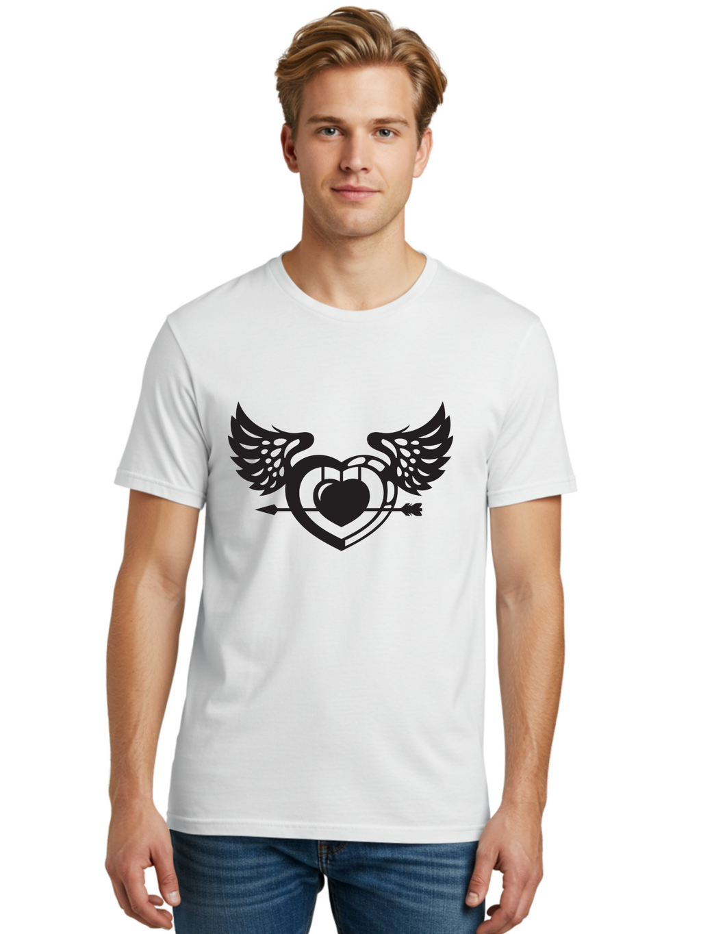 Winged-Heart Men'S Graphic Tee, 100% Cotton, Comfortable Casual Summer Wear, Machine Washable, Heart With Wings, Arrow Through Heart, Love Symbol, Cupid Inspiration, Heart Design, Winged Heart, Love Art, Valentines Day Theme, Heart With Arrow Aab304