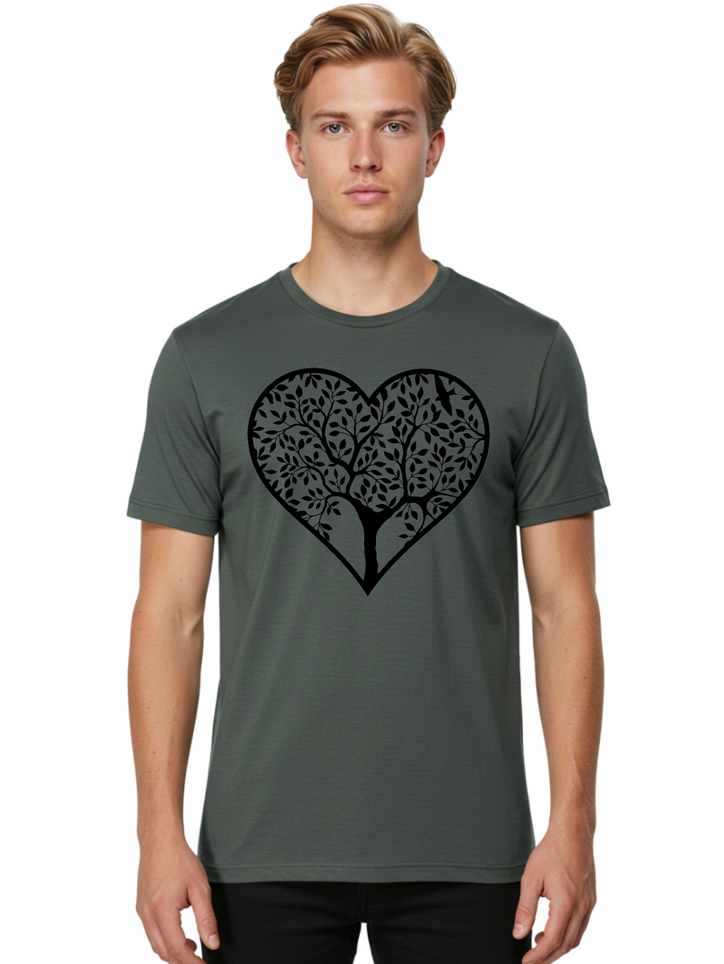 Tree-Of-Life-Heart-2 Men'S Graphic Tee, 100% Cotton, Comfortable Casual Summer Wear, Machine Washable, Tree Of Life, Heart Shape, Black Silhouette, Leaves, Branches, Love Symbol, Nature-Inspired Design, Eco-Friendly, Symbolic Art, Aab307