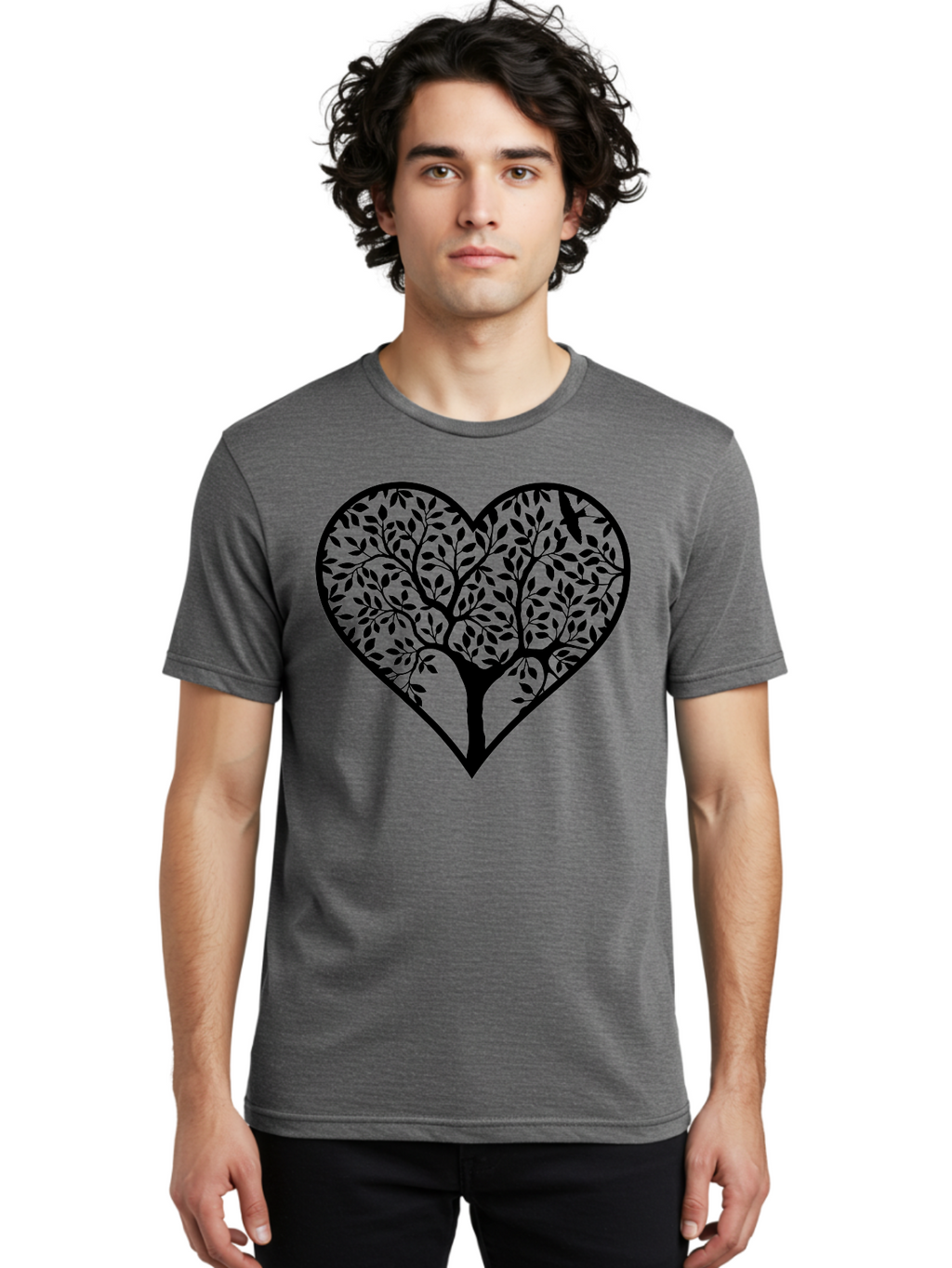 Tree-Of-Life-Heart-2 Men'S Graphic Tee, 100% Cotton, Comfortable Casual Summer Wear, Machine Washable, Tree Of Life, Heart Shape, Black Silhouette, Leaves, Branches, Love Symbol, Nature-Inspired Design, Eco-Friendly, Symbolic Art, Aab307
