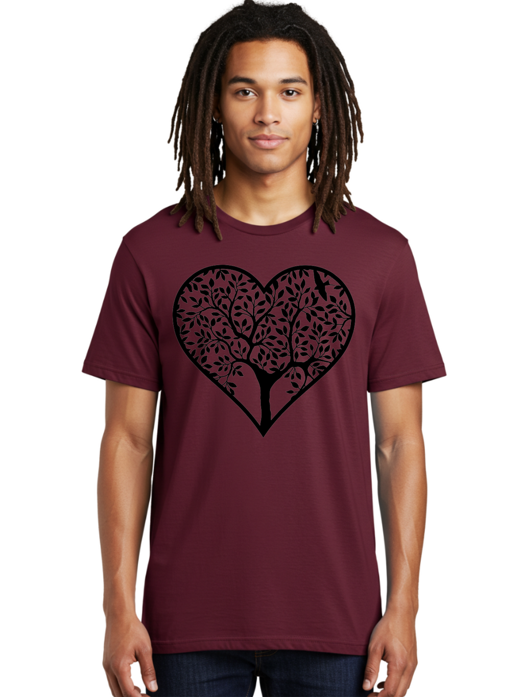 Tree-Of-Life-Heart-2 Men'S Graphic Tee, 100% Cotton, Comfortable Casual Summer Wear, Machine Washable, Tree Of Life, Heart Shape, Black Silhouette, Leaves, Branches, Love Symbol, Nature-Inspired Design, Eco-Friendly, Symbolic Art, Aab307