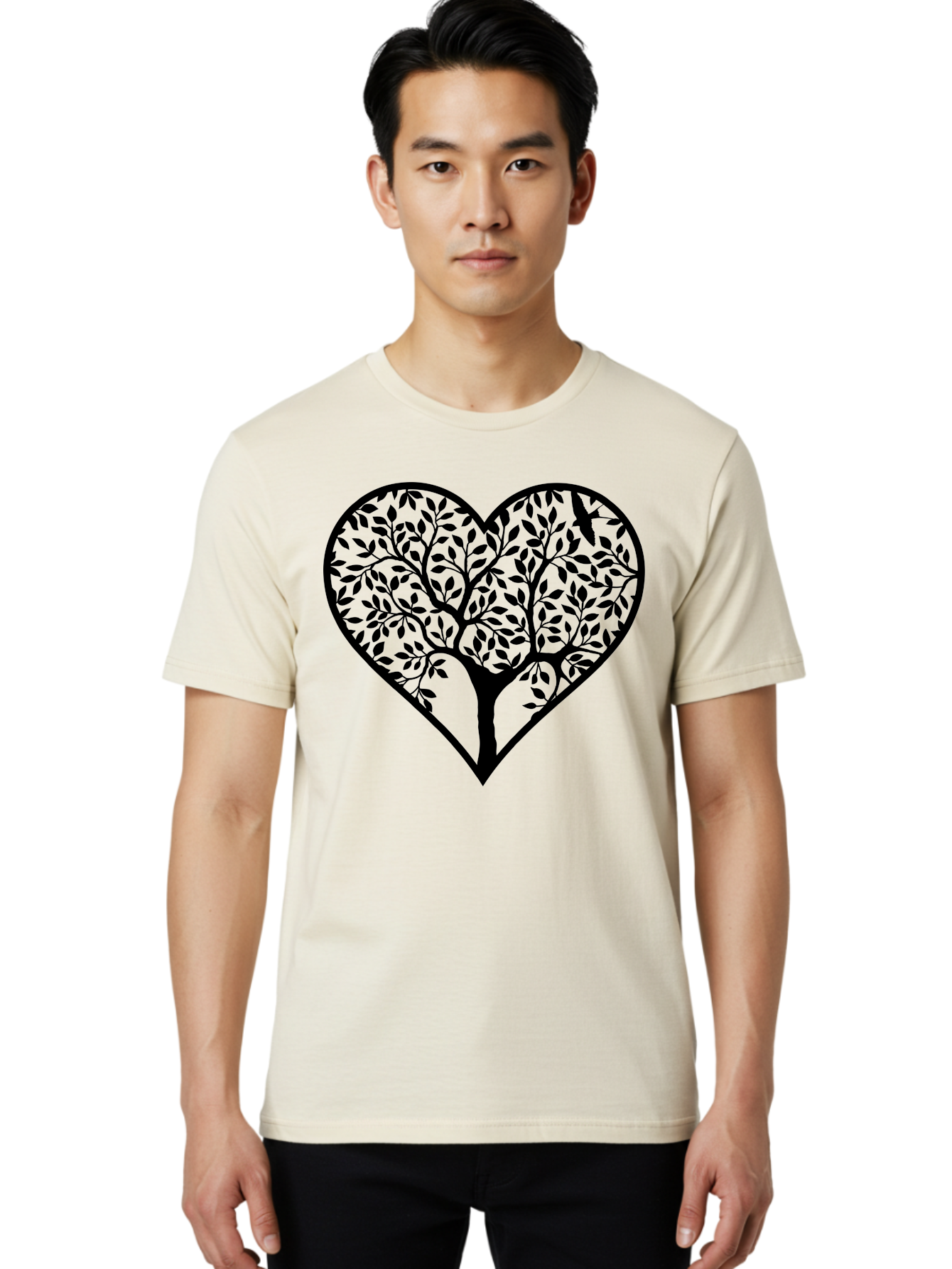 Tree-Of-Life-Heart-2 Men'S Graphic Tee, 100% Cotton, Comfortable Casual Summer Wear, Machine Washable, Tree Of Life, Heart Shape, Black Silhouette, Leaves, Branches, Love Symbol, Nature-Inspired Design, Eco-Friendly, Symbolic Art, Aab307