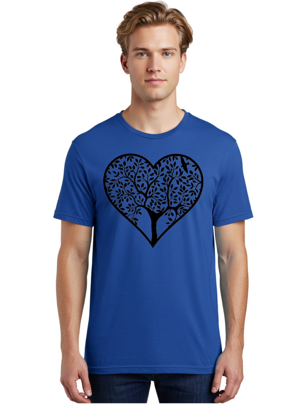 Tree-Of-Life-Heart-2 Men'S Graphic Tee, 100% Cotton, Comfortable Casual Summer Wear, Machine Washable, Tree Of Life, Heart Shape, Black Silhouette, Leaves, Branches, Love Symbol, Nature-Inspired Design, Eco-Friendly, Symbolic Art, Aab307