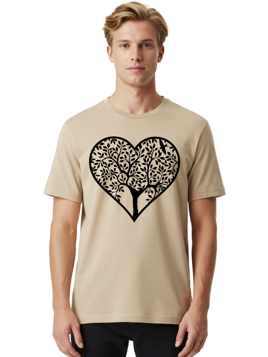 Tree-Of-Life-Heart-2 Men'S Graphic Tee, 100% Cotton, Comfortable Casual Summer Wear, Machine Washable, Tree Of Life, Heart Shape, Black Silhouette, Leaves, Branches, Love Symbol, Nature-Inspired Design, Eco-Friendly, Symbolic Art, Aab307