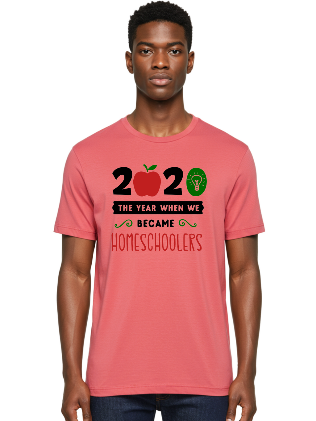 2020-The-Year-When-We-Became-Homeschoolers-3 Men'S Graphic Tee, 100% Cotton, Comfortable Casual Summer Wear, Machine Washable, Homeschooling, Homeschoolers, 2020, Apple, Light Bulb, Year Of Change, Educational Shift, Learning At Home, Aab311