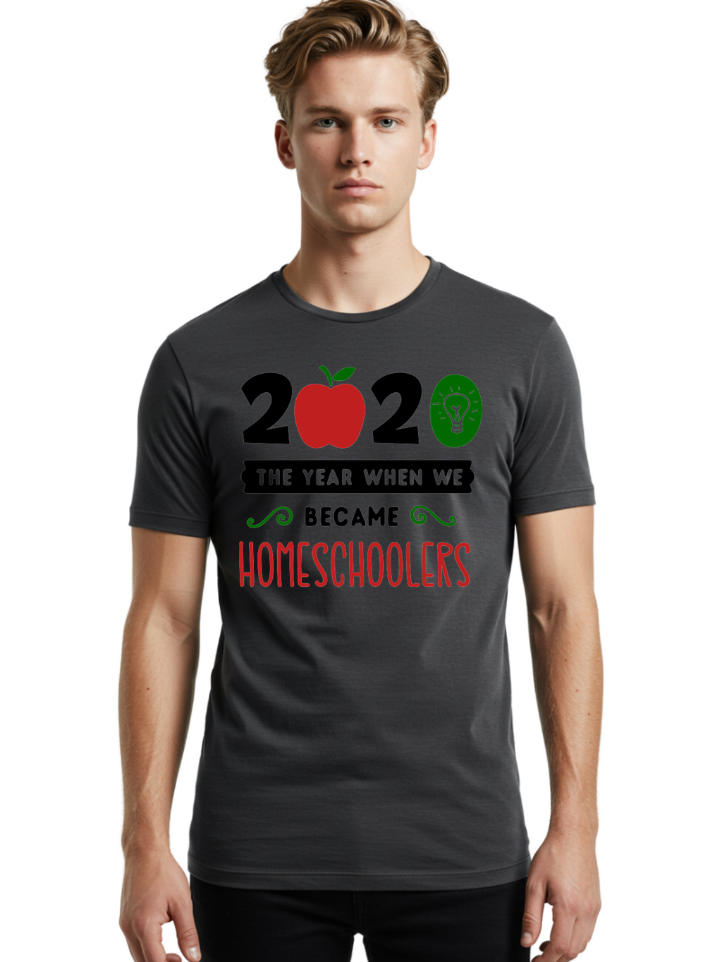 2020-The-Year-When-We-Became-Homeschoolers-3 Men'S Graphic Tee, 100% Cotton, Comfortable Casual Summer Wear, Machine Washable, Homeschooling, Homeschoolers, 2020, Apple, Light Bulb, Year Of Change, Educational Shift, Learning At Home, Aab311