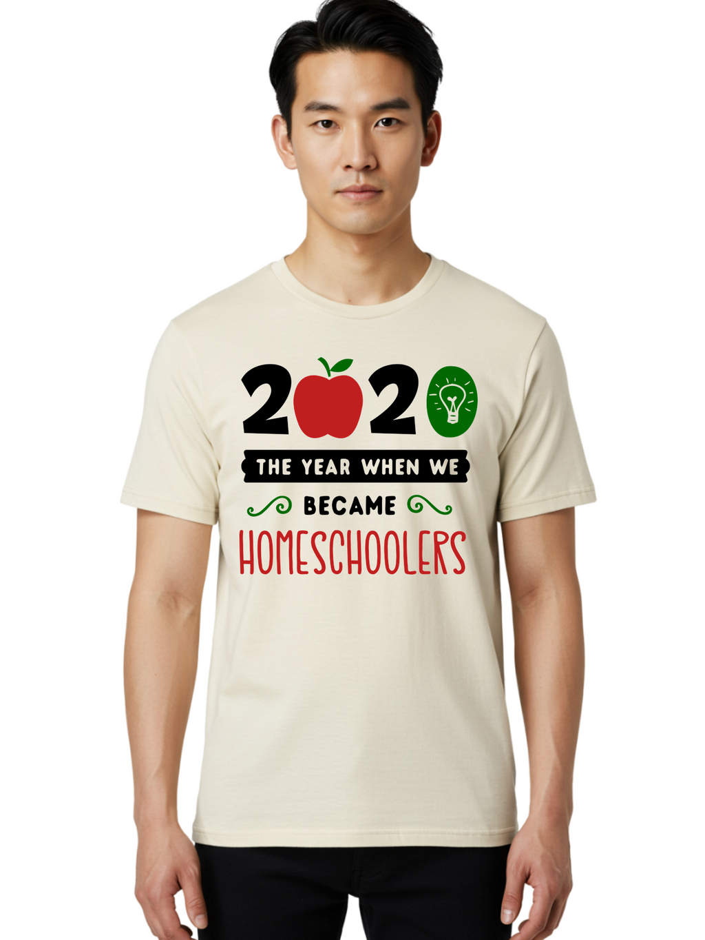 2020-The-Year-When-We-Became-Homeschoolers-3 Men'S Graphic Tee, 100% Cotton, Comfortable Casual Summer Wear, Machine Washable, Homeschooling, Homeschoolers, 2020, Apple, Light Bulb, Year Of Change, Educational Shift, Learning At Home, Aab311