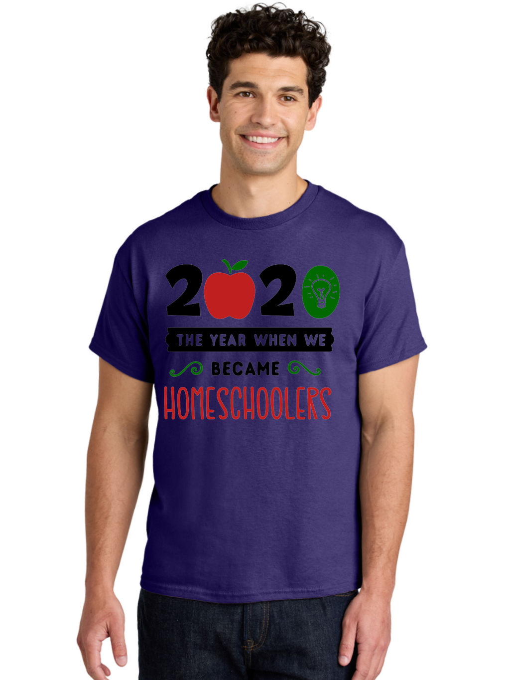 2020-The-Year-When-We-Became-Homeschoolers-3 Men'S Graphic Tee, 100% Cotton, Comfortable Casual Summer Wear, Machine Washable, Homeschooling, Homeschoolers, 2020, Apple, Light Bulb, Year Of Change, Educational Shift, Learning At Home, Aab311