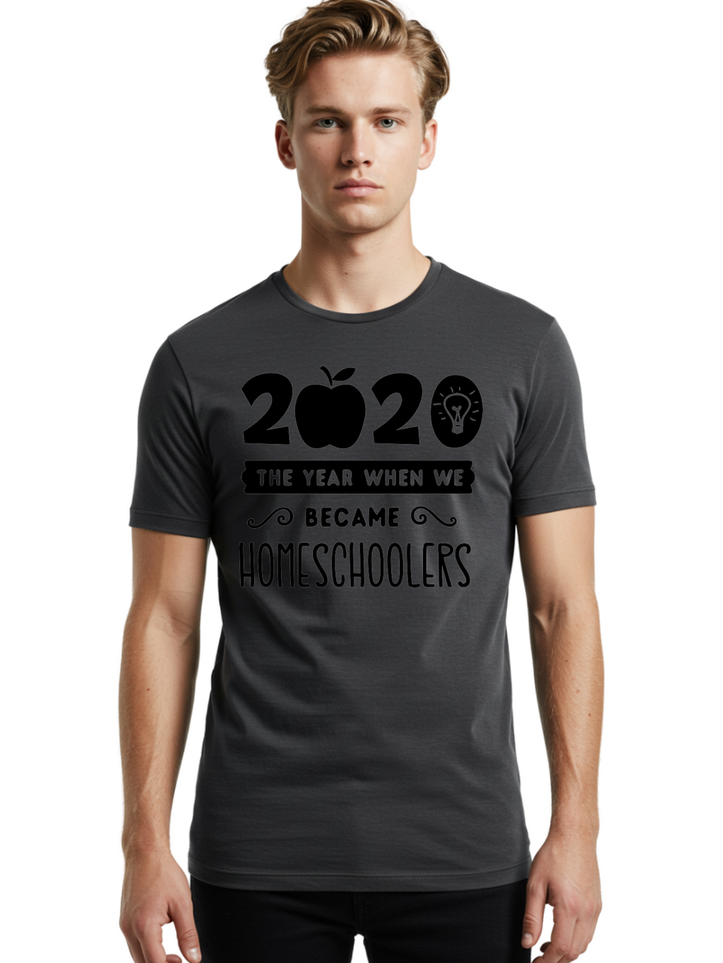 2020-The-Year-When-We-Became-Homeschoolers Men'S Graphic Tee, 100% Cotton, Comfortable Casual Summer Wear, Machine Washable, Homeschooling, Online Learning, Education, 2020, Homeschoolers, Apple, Lightbulb, School Year, Aab312