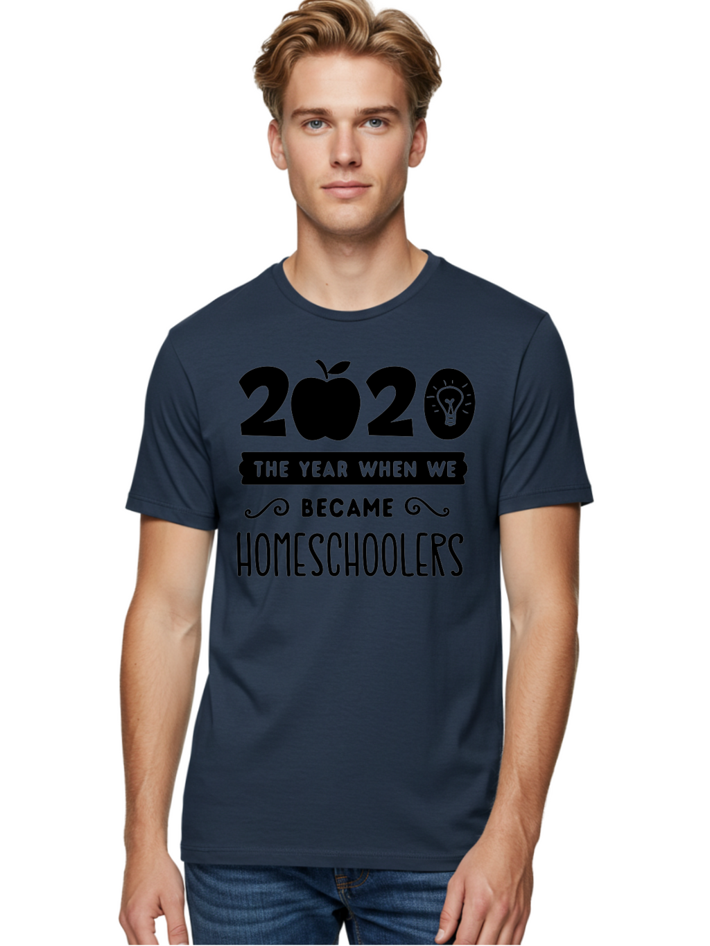 2020-The-Year-When-We-Became-Homeschoolers Men'S Graphic Tee, 100% Cotton, Comfortable Casual Summer Wear, Machine Washable, Homeschooling, Online Learning, Education, 2020, Homeschoolers, Apple, Lightbulb, School Year, Aab312