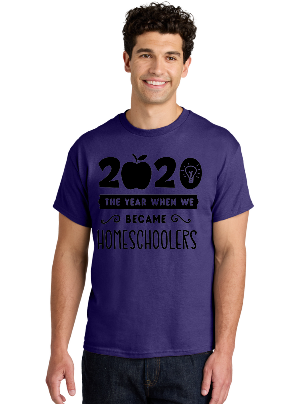 2020-The-Year-When-We-Became-Homeschoolers Men'S Graphic Tee, 100% Cotton, Comfortable Casual Summer Wear, Machine Washable, Homeschooling, Online Learning, Education, 2020, Homeschoolers, Apple, Lightbulb, School Year, Aab312