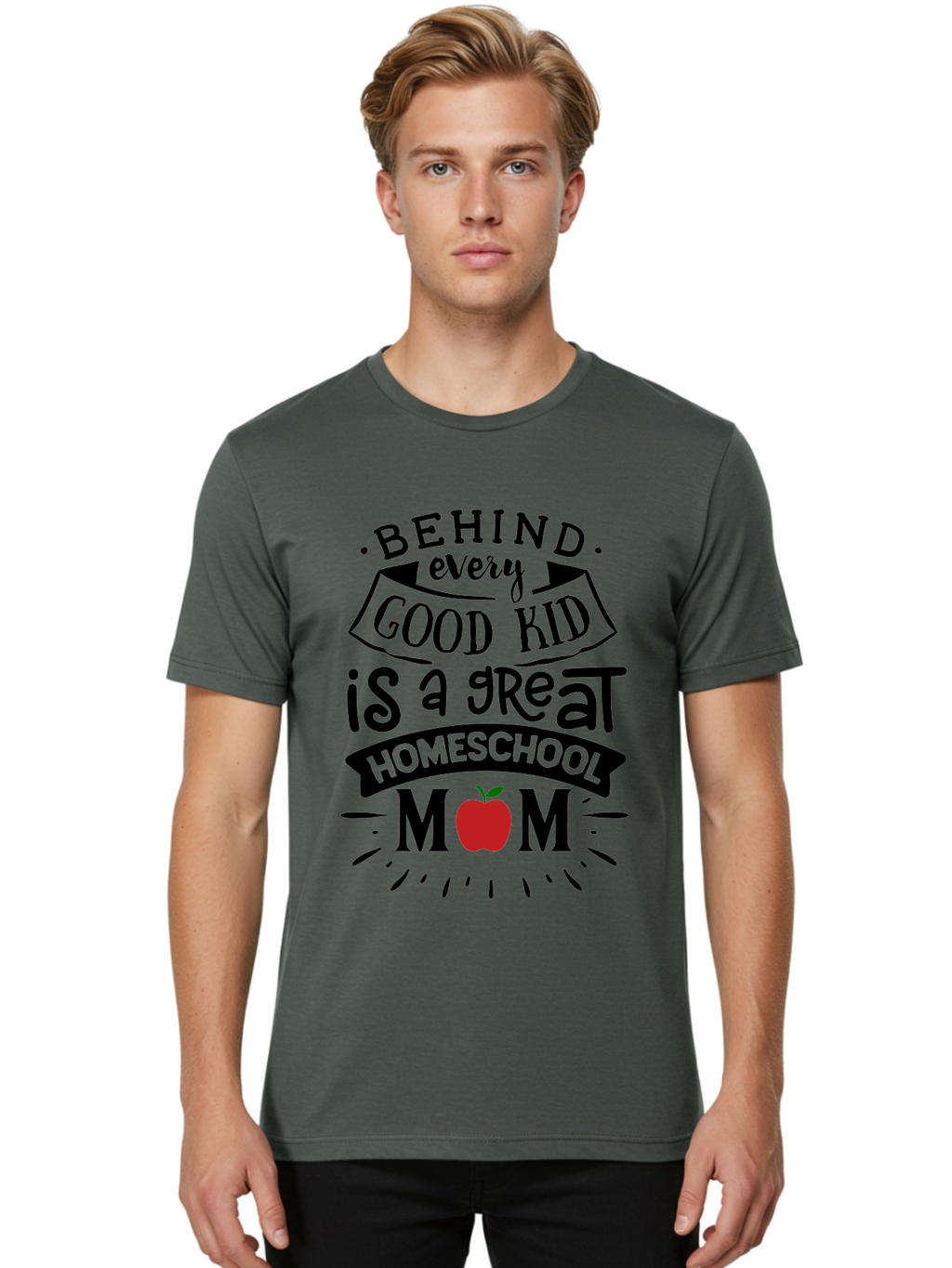 Behind-Every-Good-Kid-2 Men'S Graphic Tee, 100% Cotton, Comfortable Casual Summer Wear, Machine Washable, Homeschool Mom Appreciation, Proud Mom Quote, Homeschooling Inspiration, Motherhood Dedication, Apple Symbol, Educational Support, Aab314