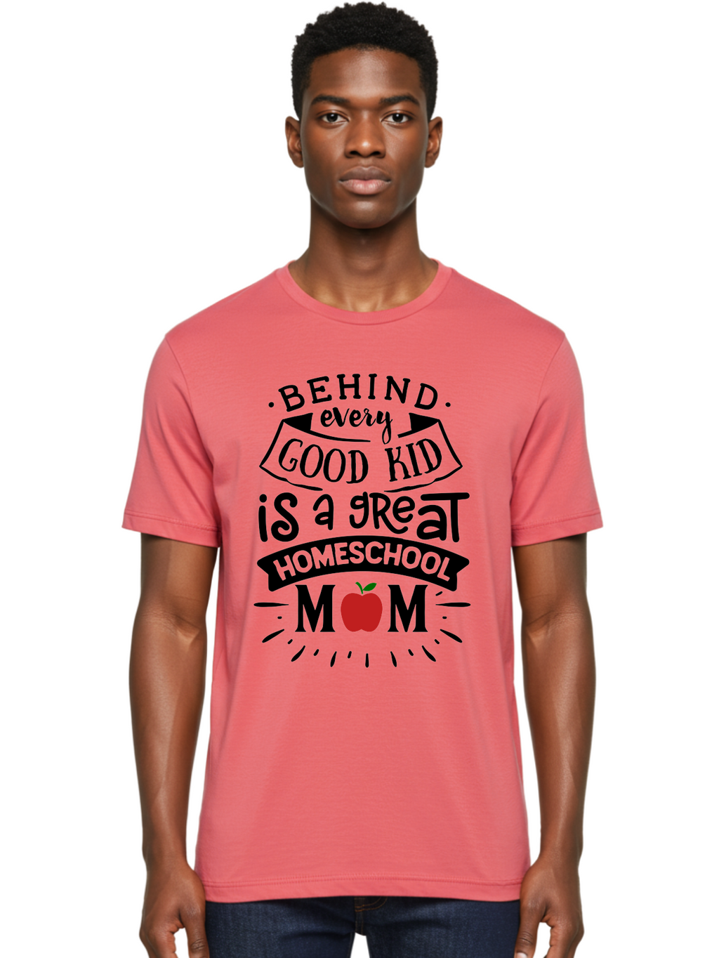 Behind-Every-Good-Kid-2 Men'S Graphic Tee, 100% Cotton, Comfortable Casual Summer Wear, Machine Washable, Homeschool Mom Appreciation, Proud Mom Quote, Homeschooling Inspiration, Motherhood Dedication, Apple Symbol, Educational Support, Aab314