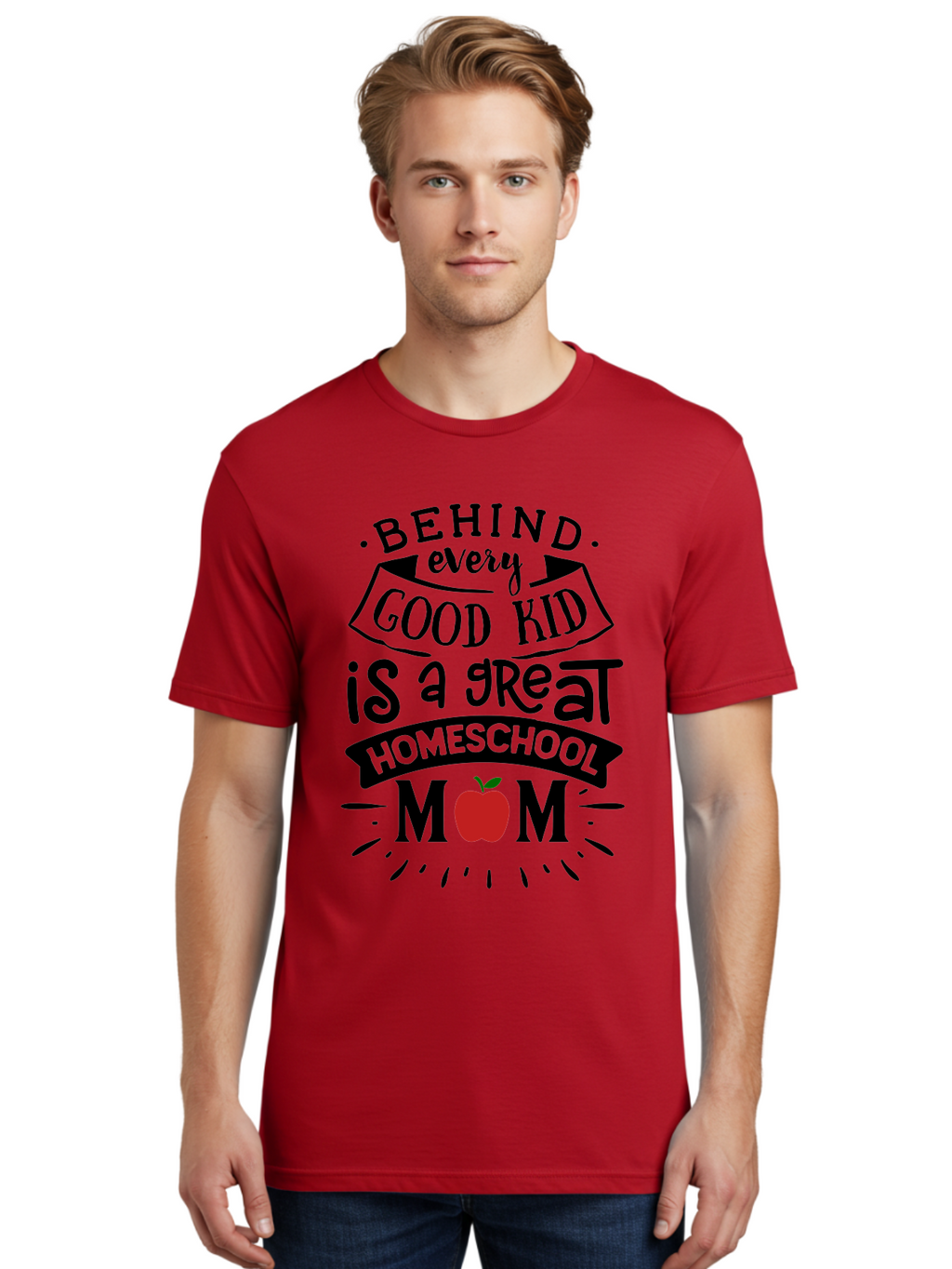 Behind-Every-Good-Kid-2 Men'S Graphic Tee, 100% Cotton, Comfortable Casual Summer Wear, Machine Washable, Homeschool Mom Appreciation, Proud Mom Quote, Homeschooling Inspiration, Motherhood Dedication, Apple Symbol, Educational Support, Aab314