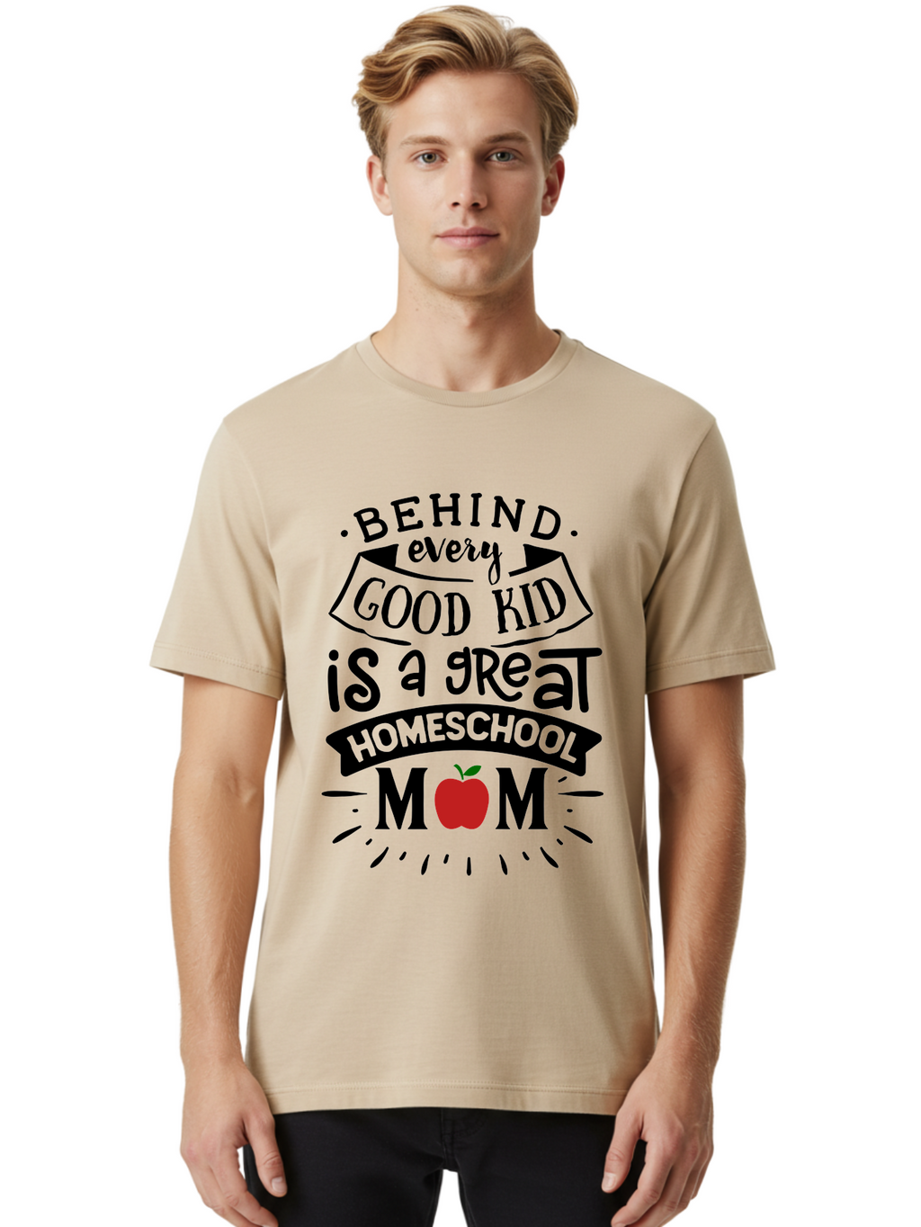 Behind-Every-Good-Kid-2 Men'S Graphic Tee, 100% Cotton, Comfortable Casual Summer Wear, Machine Washable, Homeschool Mom Appreciation, Proud Mom Quote, Homeschooling Inspiration, Motherhood Dedication, Apple Symbol, Educational Support, Aab314