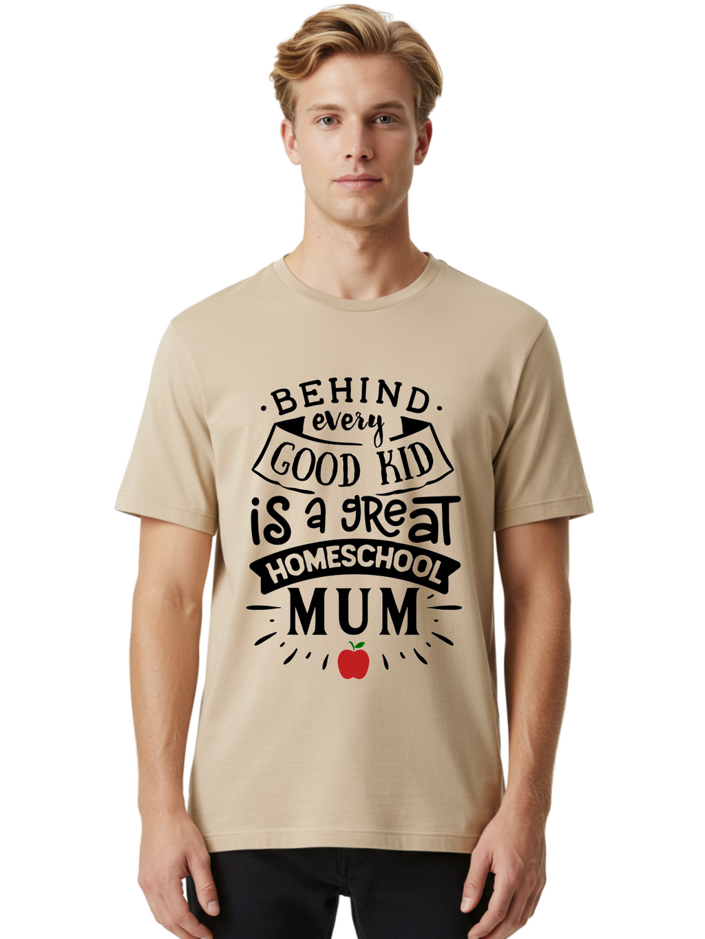 Behind-Every-Good-Kid-3 Men'S Graphic Tee, 100% Cotton, Comfortable Casual Summer Wear, Machine Washable, Homeschool Mum Appreciation, Proud Homeschool Parent, Supportive Mother, Homeschooling Journey, Behind Every Good Kid, Aab315