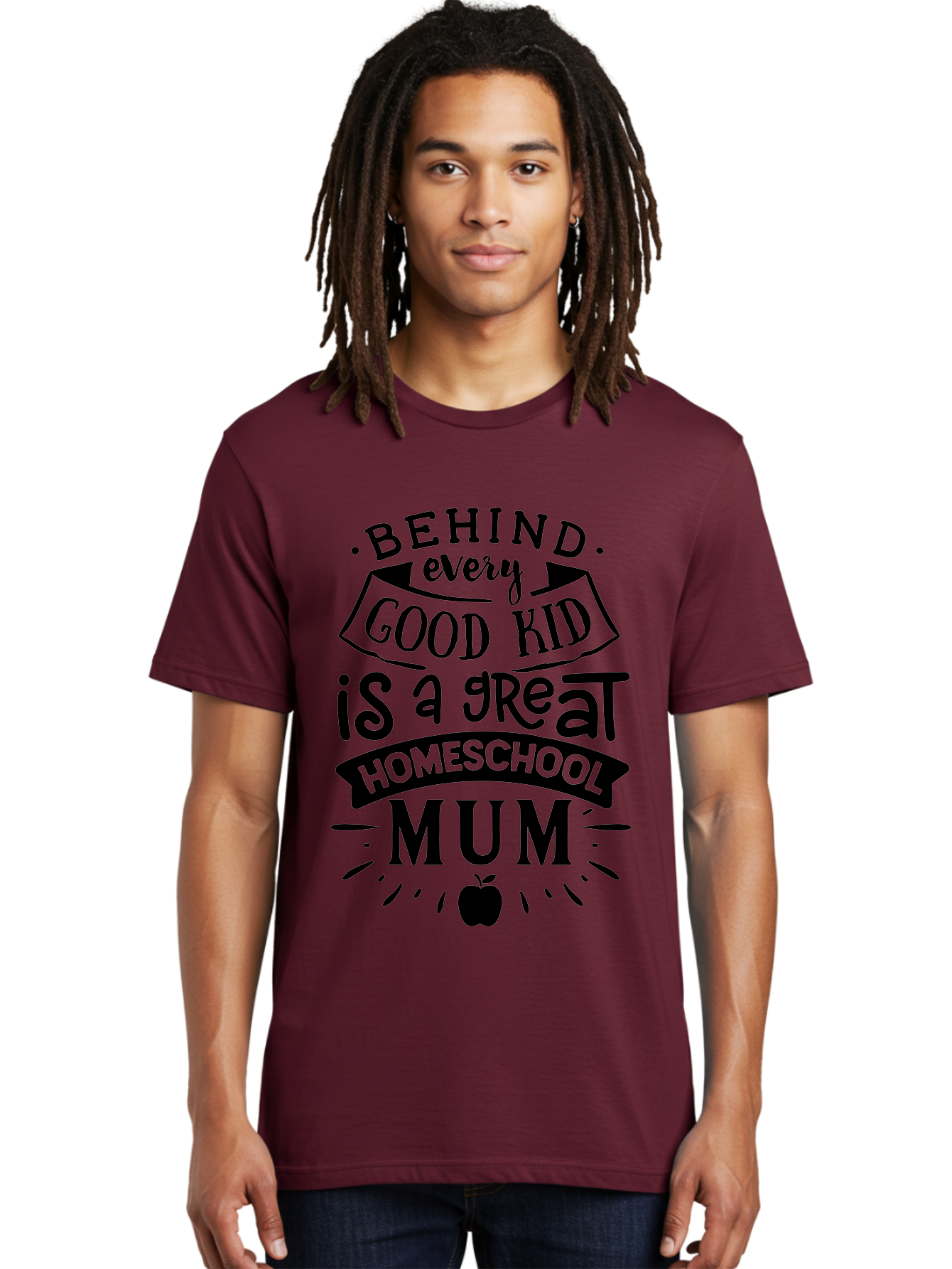 Behind-Every-Good-Kid-Is-A-Great-Homeschool-Mum Men'S Graphic Tee, 100% Cotton, Comfortable Casual Summer Wear, Machine Washable, Homeschooling Mom, Proud Parent, Education Support, Homeschooling Quote, Positive Affirmation, Apple Symbol, Aab318