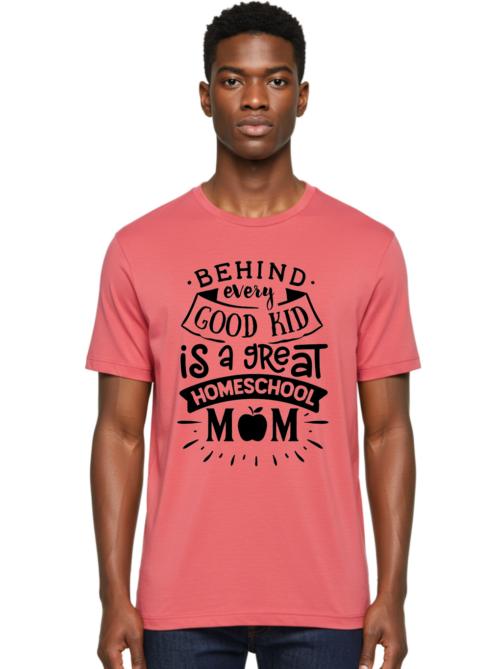 Behind-Every-Good-Kid Men'S Graphic Tee, 100% Cotton, Comfortable Casual Summer Wear, Machine Washable, Homeschool Mom Appreciation, Proud Homeschool Parent, Homeschooling Inspiration, Supportive Mom Quote, Apple Symbol Education Aab319