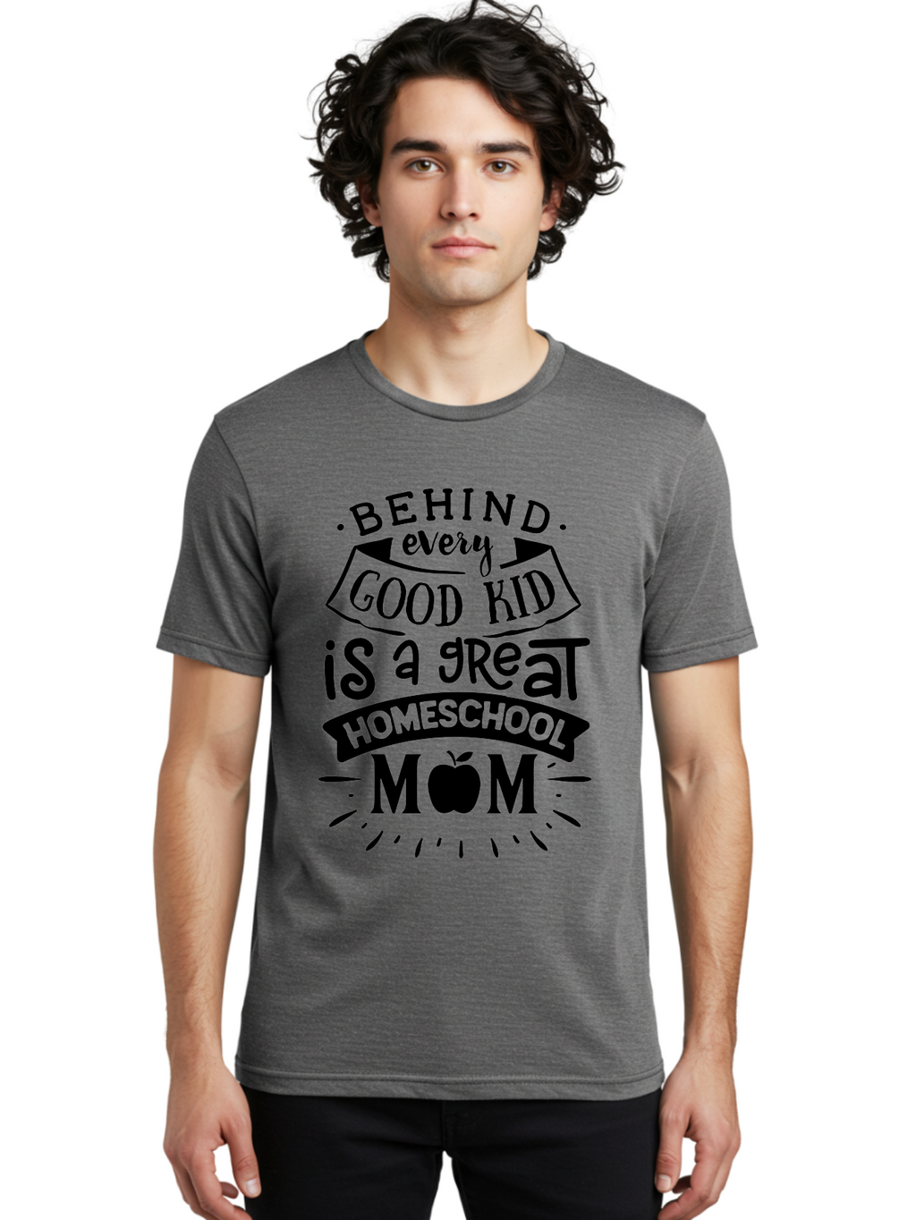 Behind-Every-Good-Kid Men'S Graphic Tee, 100% Cotton, Comfortable Casual Summer Wear, Machine Washable, Homeschool Mom Appreciation, Proud Homeschool Parent, Homeschooling Inspiration, Supportive Mom Quote, Apple Symbol Education Aab319