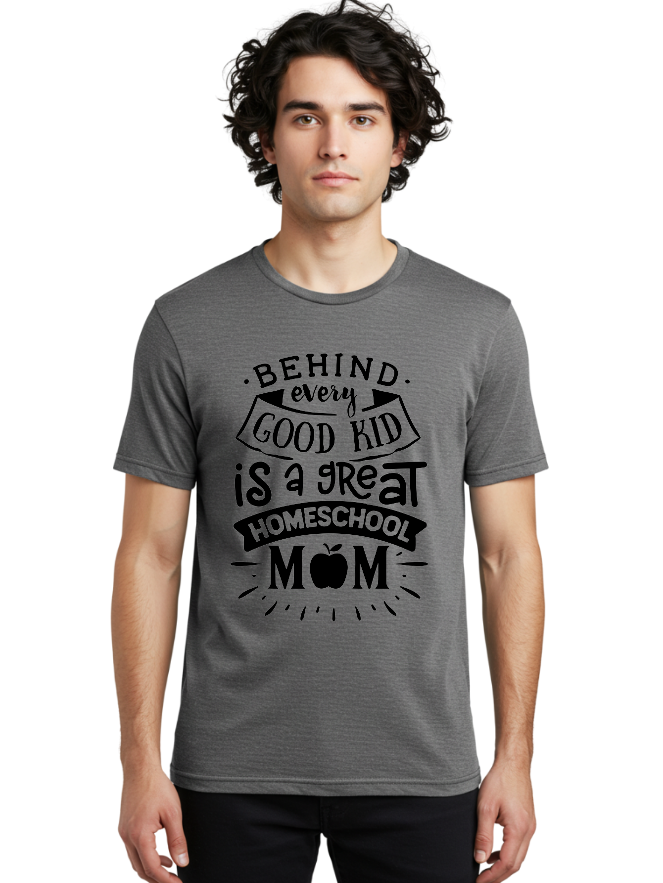 Behind-Every-Good-Kid Men'S Graphic Tee, 100% Cotton, Comfortable Casual Summer Wear, Machine Washable, Homeschool Mom Appreciation, Proud Homeschool Parent, Homeschooling Inspiration, Supportive Mom Quote, Apple Symbol Education Aab319