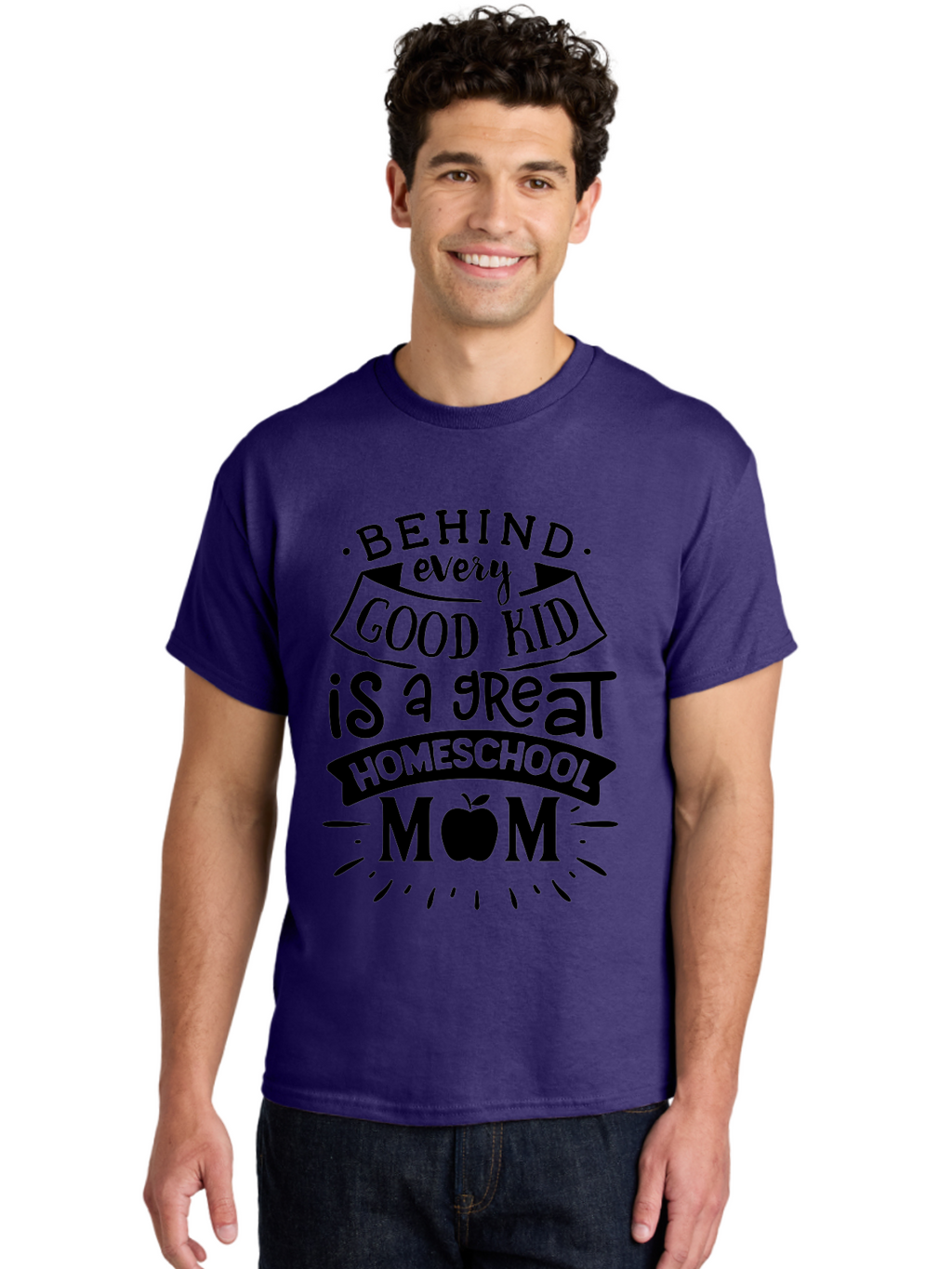 Behind-Every-Good-Kid Men'S Graphic Tee, 100% Cotton, Comfortable Casual Summer Wear, Machine Washable, Homeschool Mom Appreciation, Proud Homeschool Parent, Homeschooling Inspiration, Supportive Mom Quote, Apple Symbol Education Aab319