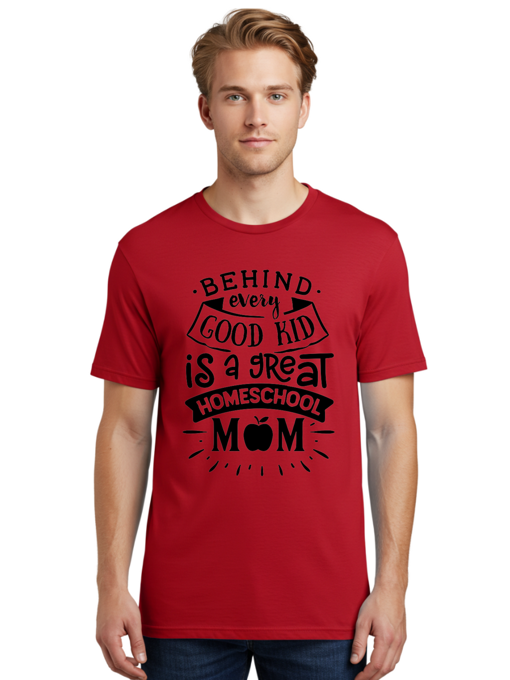 Behind-Every-Good-Kid Men'S Graphic Tee, 100% Cotton, Comfortable Casual Summer Wear, Machine Washable, Homeschool Mom Appreciation, Proud Homeschool Parent, Homeschooling Inspiration, Supportive Mom Quote, Apple Symbol Education Aab319
