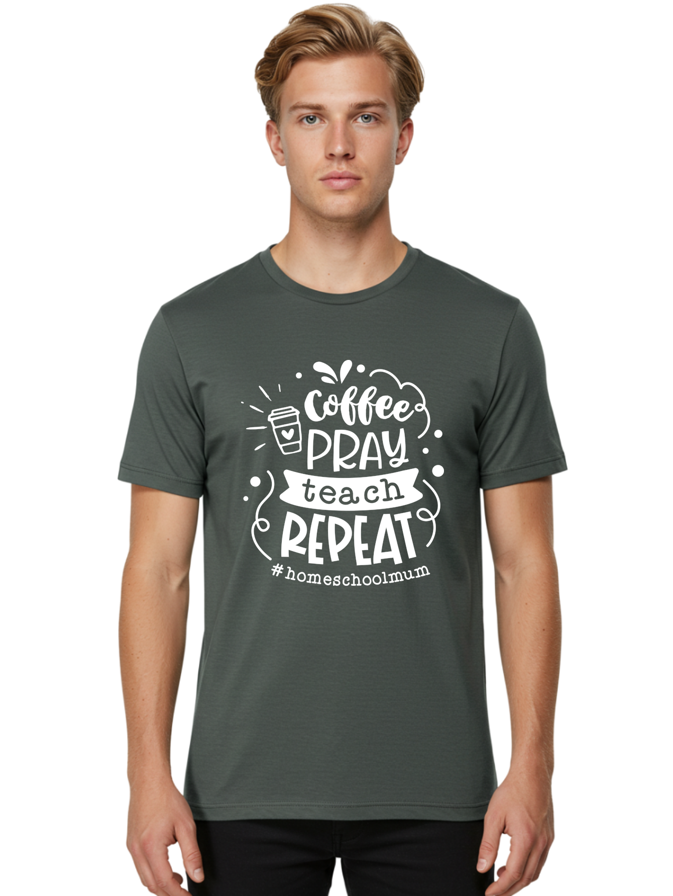 Coffee-Pray-Teach-Repeat-1 Men'S Graphic Tee, 100% Cotton, Comfortable Casual Summer Wear, Machine Washable, Coffee, Pray, Teach, Repeat, Homeschool Mum, Inspirational Quotes, Motivational Phrases, Coffee Cup, Heart Symbol, Modern Typography, Aab326
