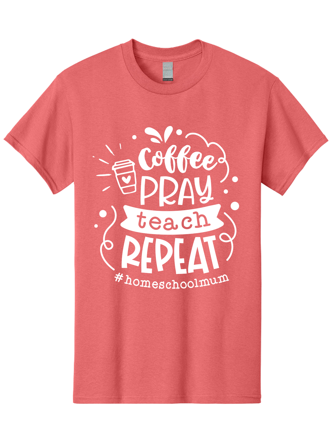 Coffee-Pray-Teach-Repeat-1 Men'S Graphic Tee, 100% Cotton, Comfortable Casual Summer Wear, Machine Washable, Coffee, Pray, Teach, Repeat, Homeschool Mum, Inspirational Quotes, Motivational Phrases, Coffee Cup, Heart Symbol, Modern Typography, Aab326