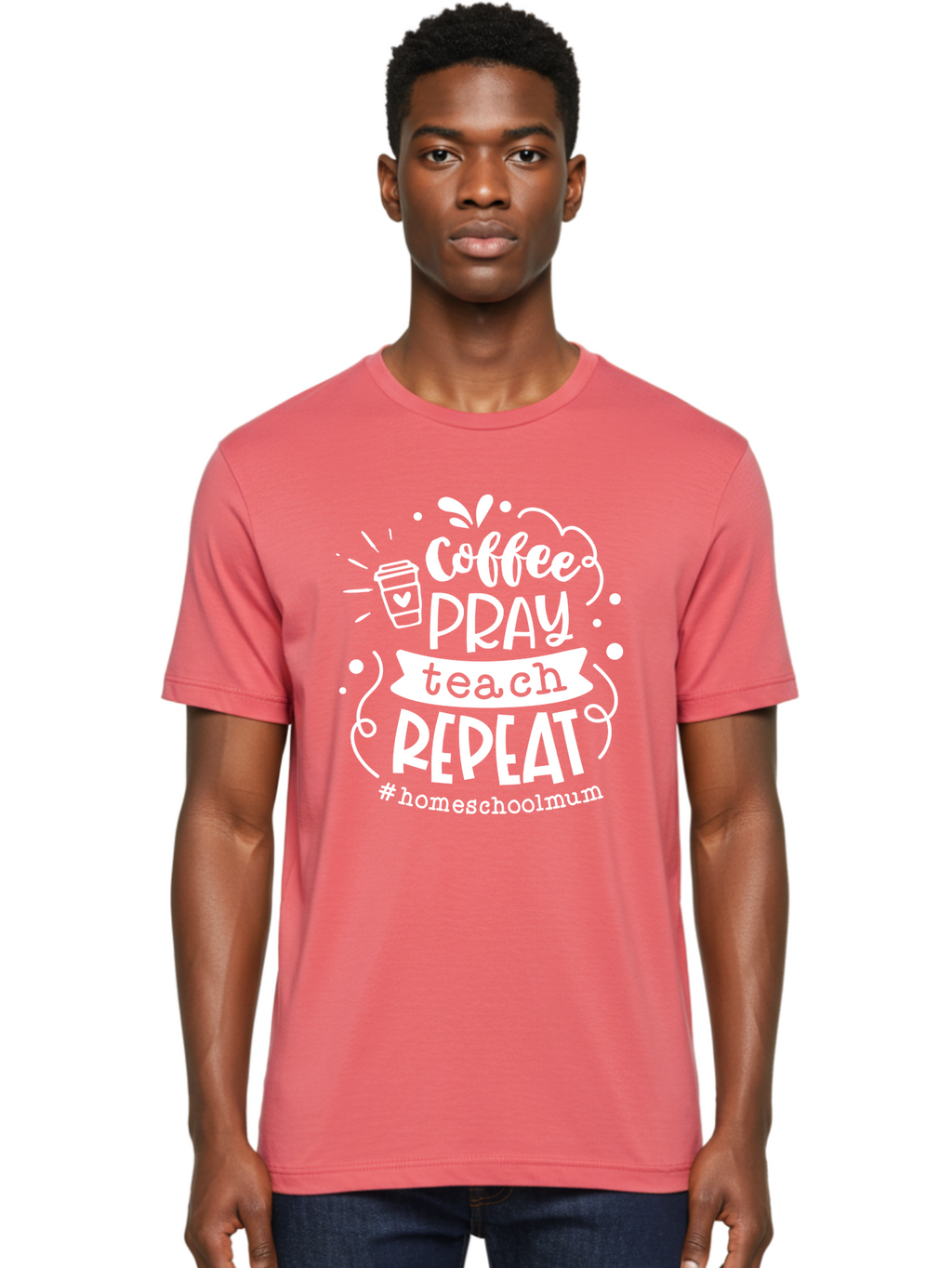 Coffee-Pray-Teach-Repeat-1 Men'S Graphic Tee, 100% Cotton, Comfortable Casual Summer Wear, Machine Washable, Coffee, Pray, Teach, Repeat, Homeschool Mum, Inspirational Quotes, Motivational Phrases, Coffee Cup, Heart Symbol, Modern Typography, Aab326