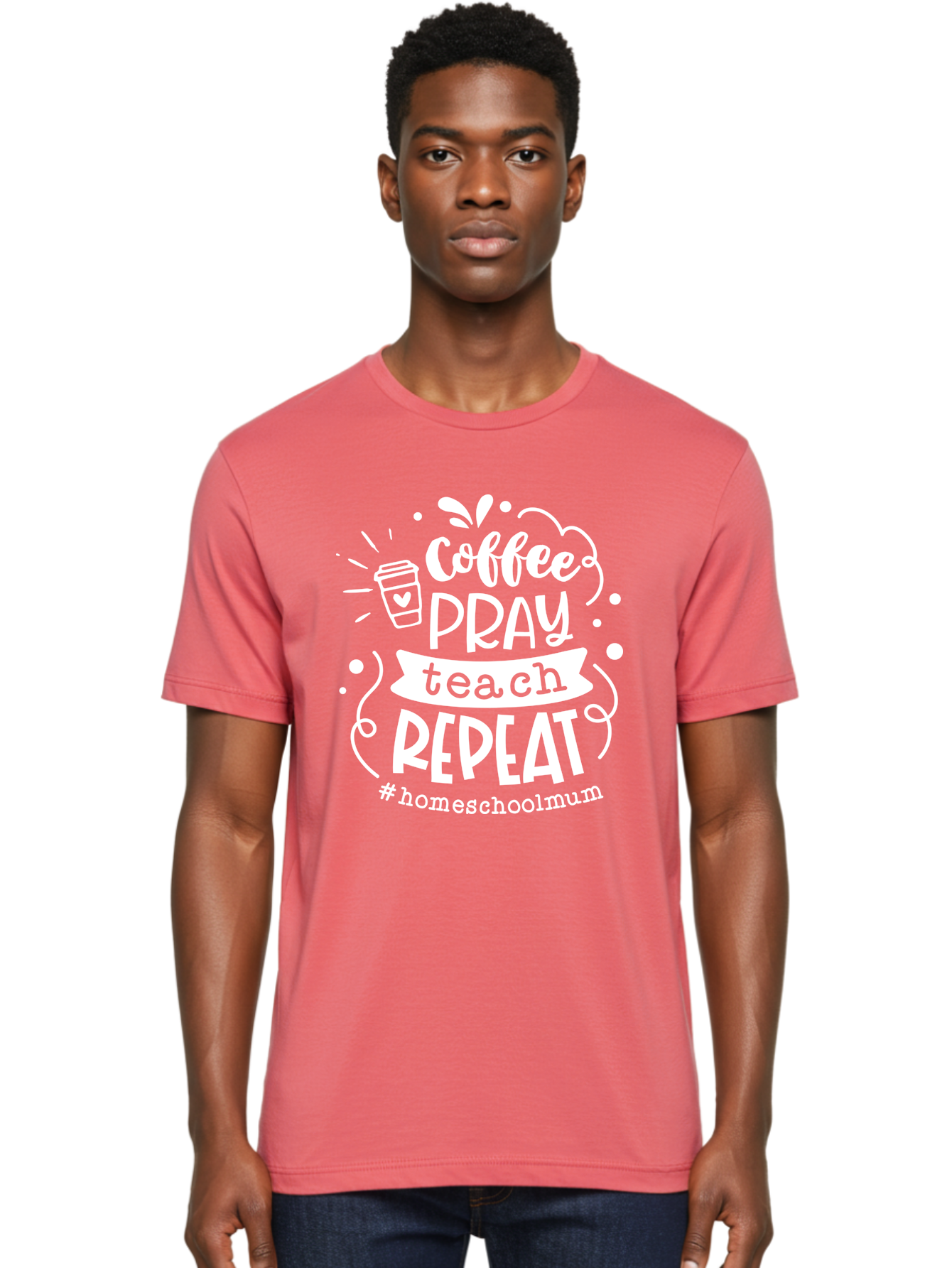 Coffee-Pray-Teach-Repeat-1 Men'S Graphic Tee, 100% Cotton, Comfortable Casual Summer Wear, Machine Washable, Coffee, Pray, Teach, Repeat, Homeschool Mum, Inspirational Quotes, Motivational Phrases, Coffee Cup, Heart Symbol, Modern Typography, Aab326