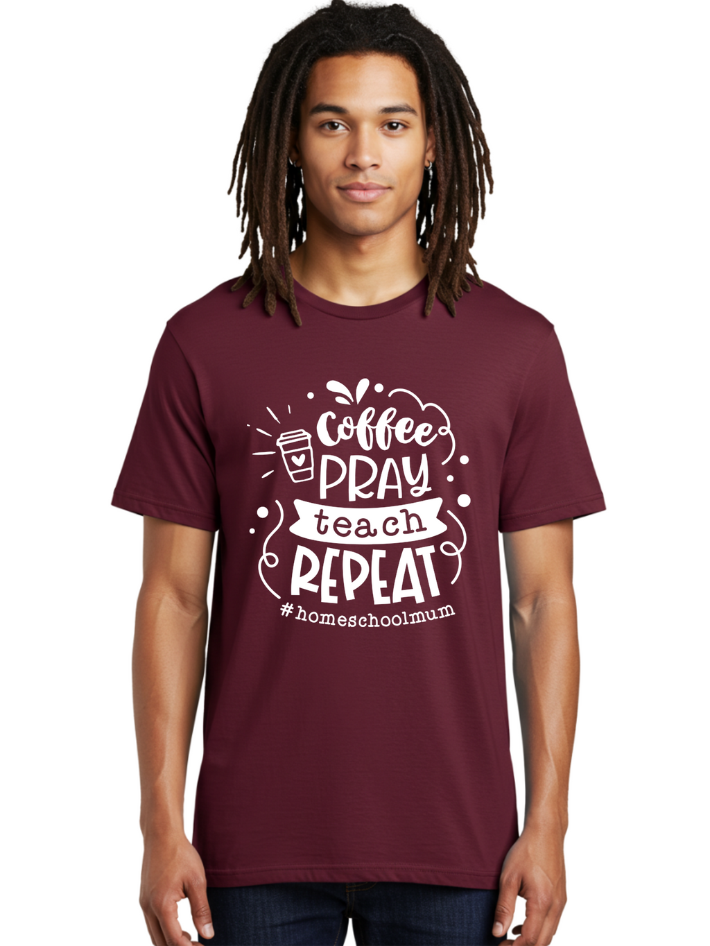 Coffee-Pray-Teach-Repeat-1 Men'S Graphic Tee, 100% Cotton, Comfortable Casual Summer Wear, Machine Washable, Coffee, Pray, Teach, Repeat, Homeschool Mum, Inspirational Quotes, Motivational Phrases, Coffee Cup, Heart Symbol, Modern Typography, Aab326