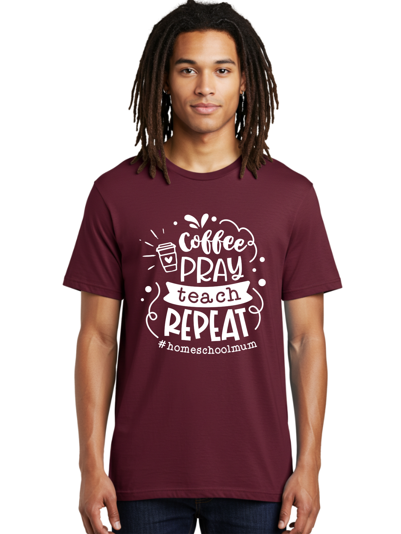 Coffee-Pray-Teach-Repeat-1 Men'S Graphic Tee, 100% Cotton, Comfortable Casual Summer Wear, Machine Washable, Coffee, Pray, Teach, Repeat, Homeschool Mum, Inspirational Quotes, Motivational Phrases, Coffee Cup, Heart Symbol, Modern Typography, Aab326