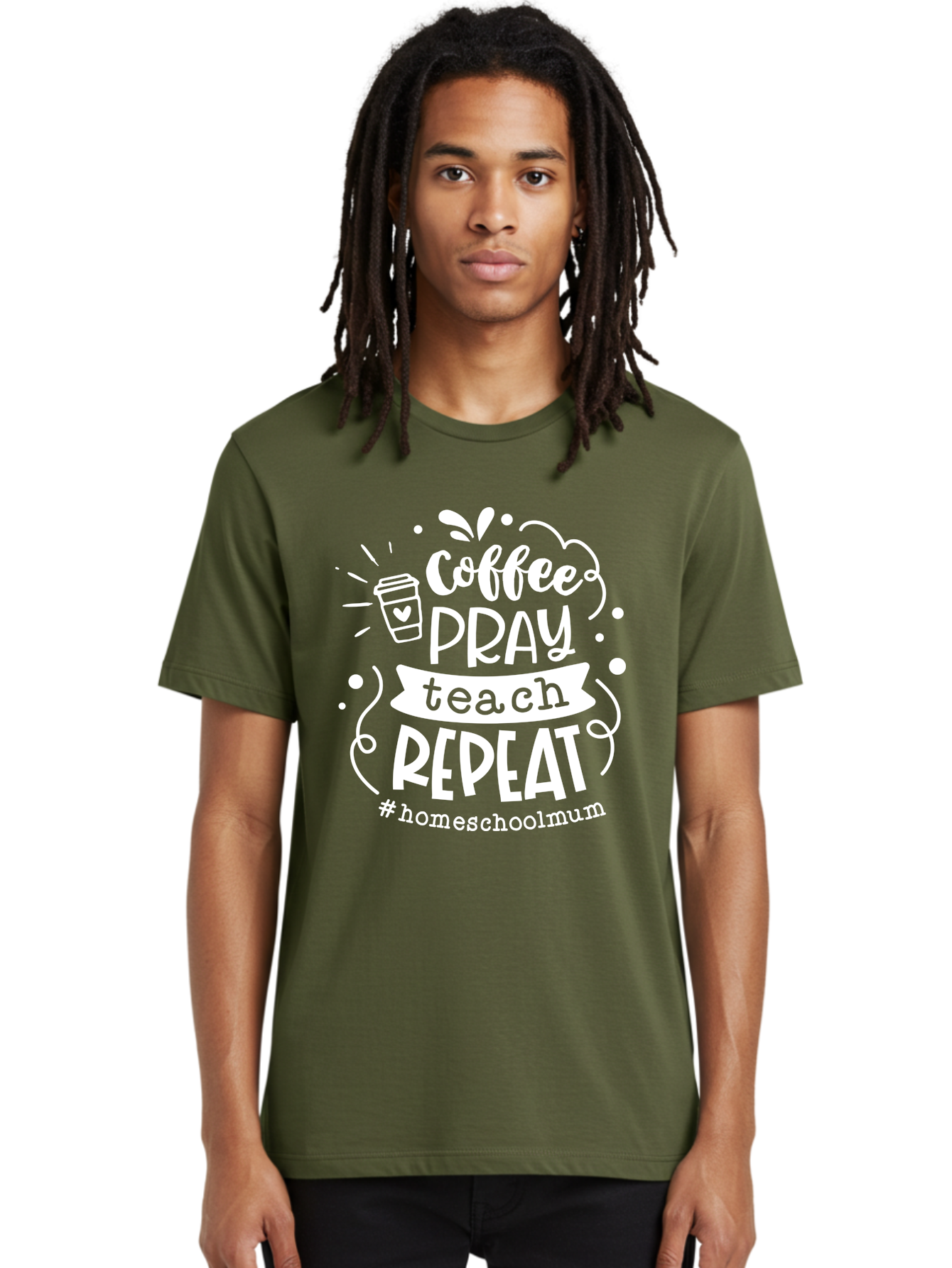Coffee-Pray-Teach-Repeat-1 Men'S Graphic Tee, 100% Cotton, Comfortable Casual Summer Wear, Machine Washable, Coffee, Pray, Teach, Repeat, Homeschool Mum, Inspirational Quotes, Motivational Phrases, Coffee Cup, Heart Symbol, Modern Typography, Aab326