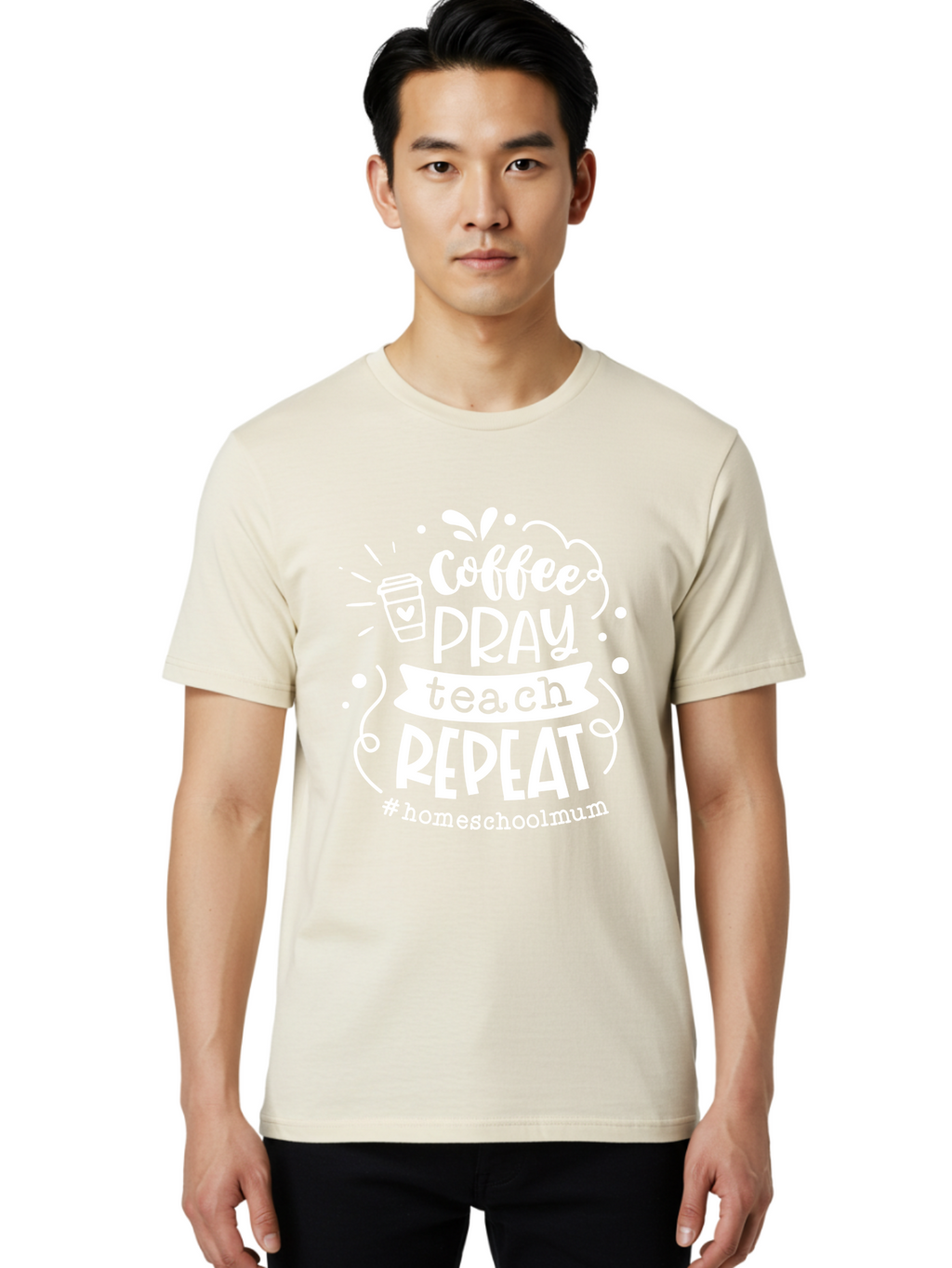 Coffee-Pray-Teach-Repeat-1 Men'S Graphic Tee, 100% Cotton, Comfortable Casual Summer Wear, Machine Washable, Coffee, Pray, Teach, Repeat, Homeschool Mum, Inspirational Quotes, Motivational Phrases, Coffee Cup, Heart Symbol, Modern Typography, Aab326
