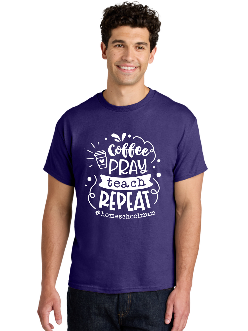 Coffee-Pray-Teach-Repeat-1 Men'S Graphic Tee, 100% Cotton, Comfortable Casual Summer Wear, Machine Washable, Coffee, Pray, Teach, Repeat, Homeschool Mum, Inspirational Quotes, Motivational Phrases, Coffee Cup, Heart Symbol, Modern Typography, Aab326