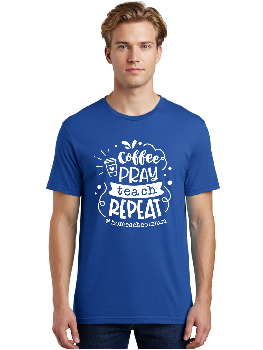 Coffee-Pray-Teach-Repeat-1 Men'S Graphic Tee, 100% Cotton, Comfortable Casual Summer Wear, Machine Washable, Coffee, Pray, Teach, Repeat, Homeschool Mum, Inspirational Quotes, Motivational Phrases, Coffee Cup, Heart Symbol, Modern Typography, Aab326
