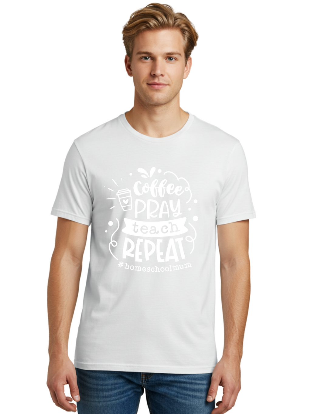 Coffee-Pray-Teach-Repeat-1 Men'S Graphic Tee, 100% Cotton, Comfortable Casual Summer Wear, Machine Washable, Coffee, Pray, Teach, Repeat, Homeschool Mum, Inspirational Quotes, Motivational Phrases, Coffee Cup, Heart Symbol, Modern Typography, Aab326