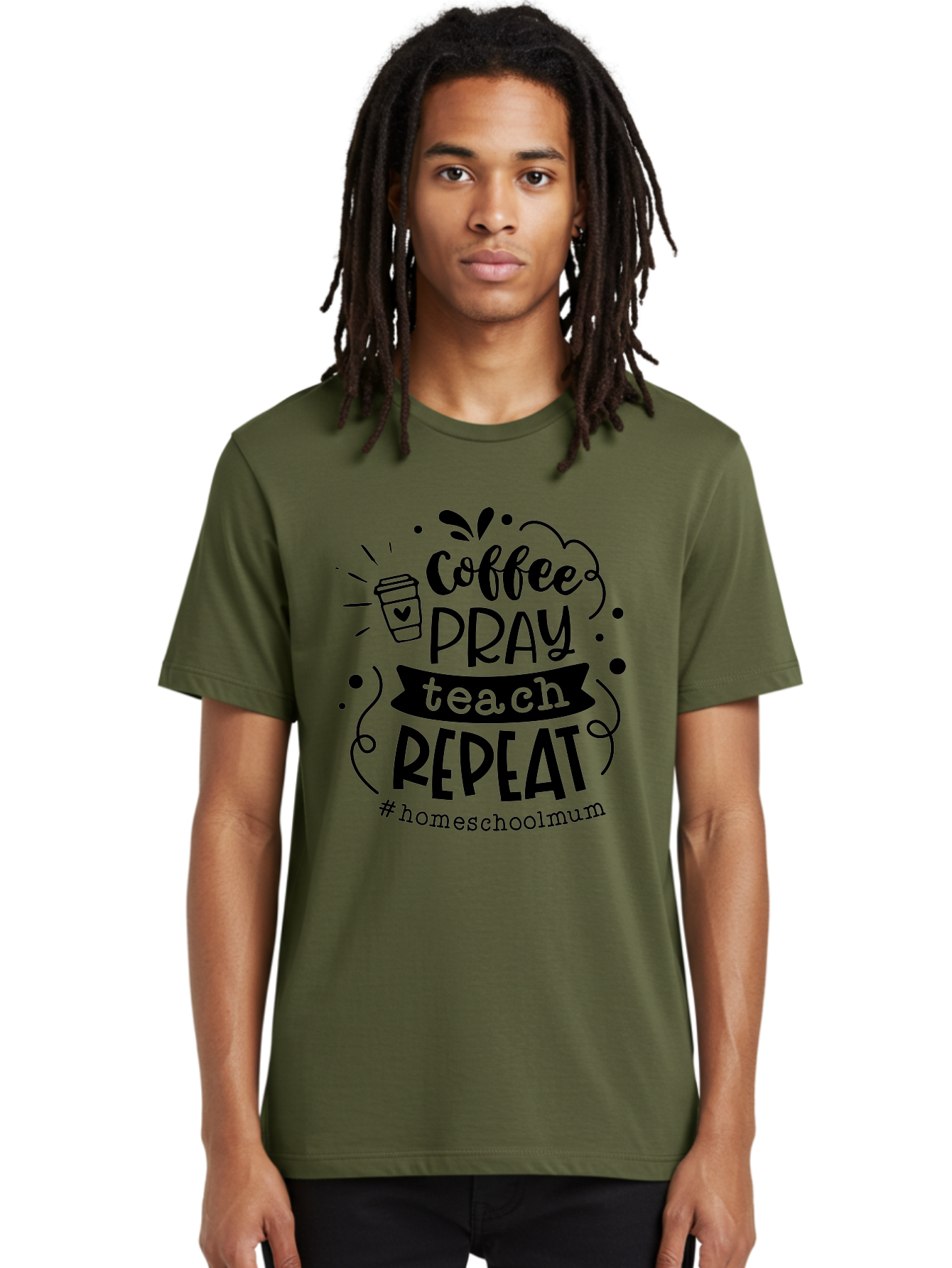 Coffee-Pray-Teach-Repeat-2 Men'S Graphic Tee, 100% Cotton, Comfortable Casual Summer Wear, Machine Washable, Homeschool Mom, Inspirational Quote, Coffee Lover, Teaching Quote, Homeschooling, Parenting, Motivational Phrase, Coffee Cup Aab327
