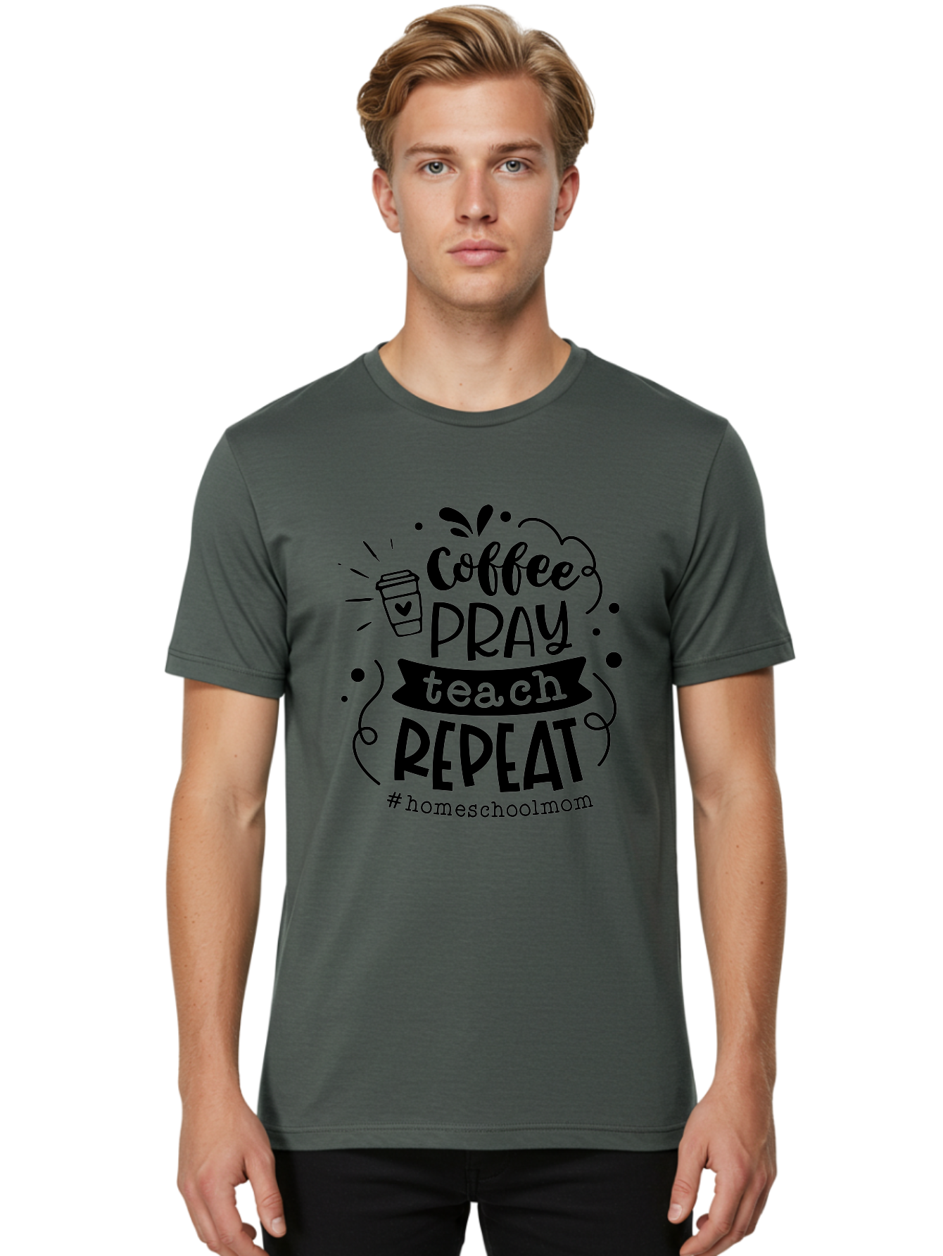 Coffee-Pray-Teach-Repeat-3 Men'S Graphic Tee, 100% Cotton, Comfortable Casual Summer Wear, Machine Washable, Homeschool Mom Quote, Inspirational Quote, Teacher Humor, Coffee Lover, Teaching Mantra, Homeschooling, Education, Motivational Quote, Aab328
