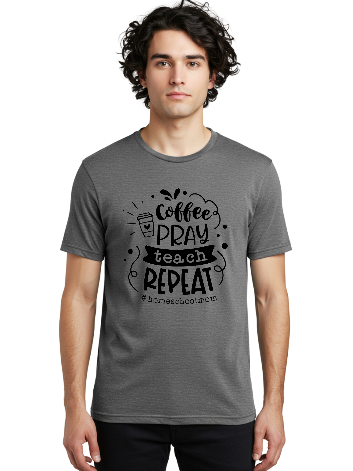 Coffee-Pray-Teach-Repeat-3 Men'S Graphic Tee, 100% Cotton, Comfortable Casual Summer Wear, Machine Washable, Homeschool Mom Quote, Inspirational Quote, Teacher Humor, Coffee Lover, Teaching Mantra, Homeschooling, Education, Motivational Quote, Aab328