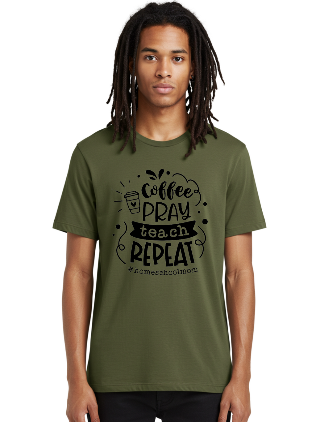 Coffee-Pray-Teach-Repeat-3 Men'S Graphic Tee, 100% Cotton, Comfortable Casual Summer Wear, Machine Washable, Homeschool Mom Quote, Inspirational Quote, Teacher Humor, Coffee Lover, Teaching Mantra, Homeschooling, Education, Motivational Quote, Aab328