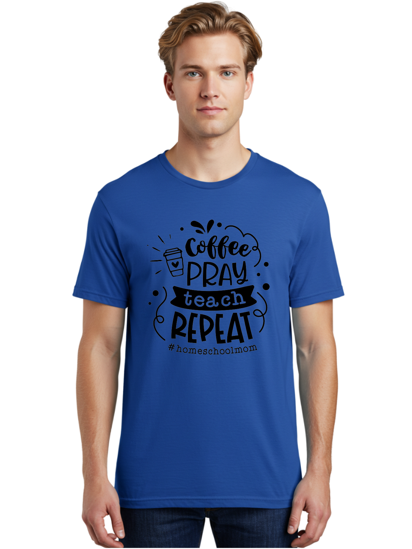 Coffee-Pray-Teach-Repeat-3 Men'S Graphic Tee, 100% Cotton, Comfortable Casual Summer Wear, Machine Washable, Homeschool Mom Quote, Inspirational Quote, Teacher Humor, Coffee Lover, Teaching Mantra, Homeschooling, Education, Motivational Quote, Aab328