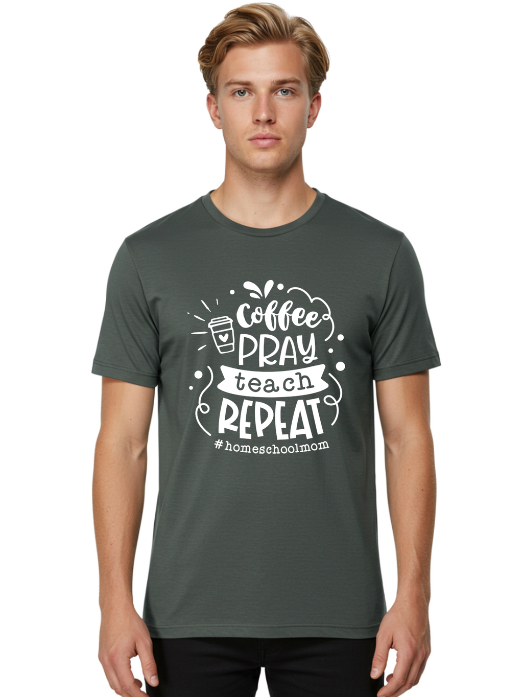 Coffee-Pray-Teach-Repeat Men'S Graphic Tee, 100% Cotton, Comfortable Casual Summer Wear, Machine Washable, Homeschool Mom, Coffee Lover, Teaching Inspiration, Homeschooling Life, Parenting Mantra, Daily Routine, Motivational Quote, Aab329